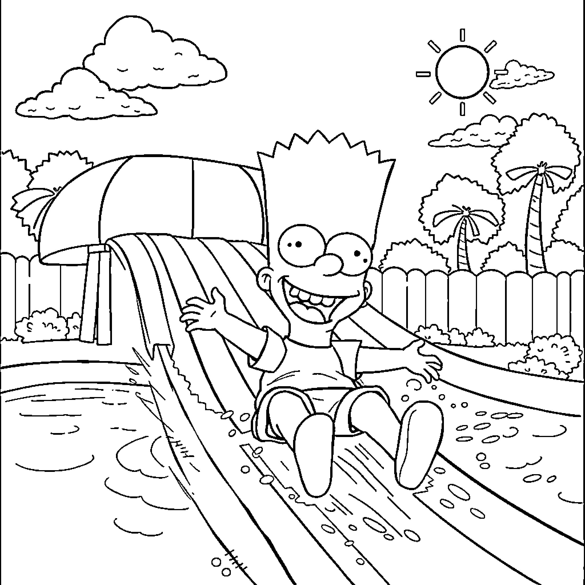 Bart Simpson relaxing on a waterslide in a tropical setting Coloring Page (free black-and-white line drawing printable PDF for all, from beginners to advanced learners, including children, teens, adults, and seniors)
