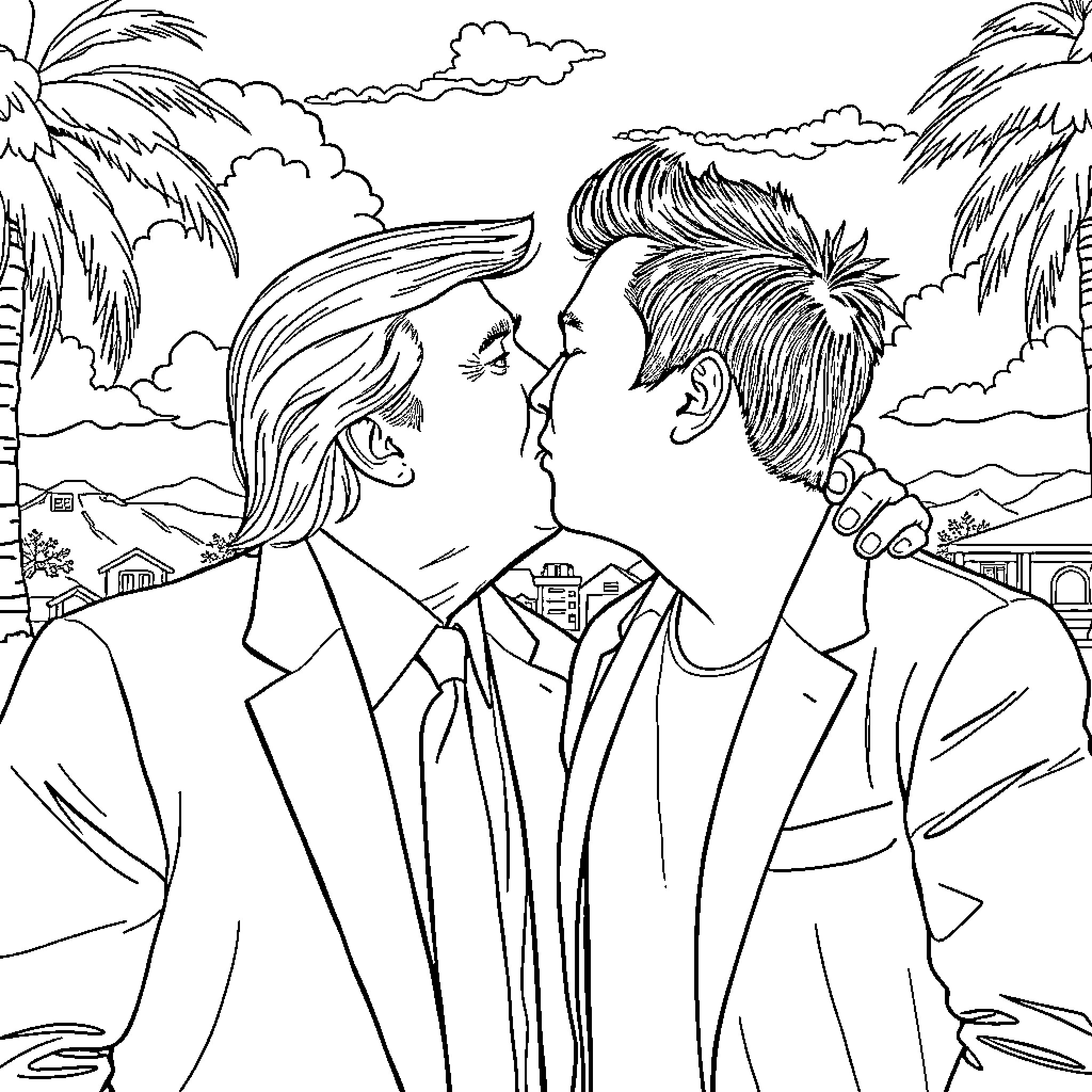 Trump and companion in tropical setting Coloring Page (free black-and-white line drawing printable PDF for all, from beginners to advanced learners, including children, teens, adults, and seniors)
