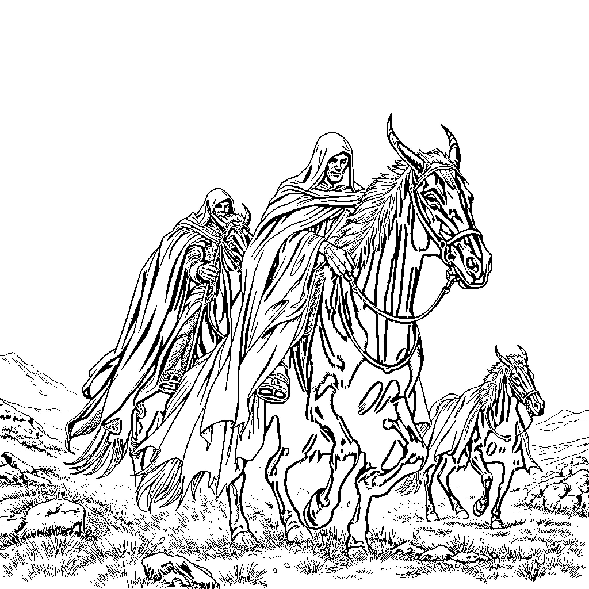 Nazgul Riders on Dark Horses in Mystical Landscape Coloring Page (free black-and-white line drawing printable PDF for all, from beginners to advanced learners, including children, teens, adults, and seniors)
