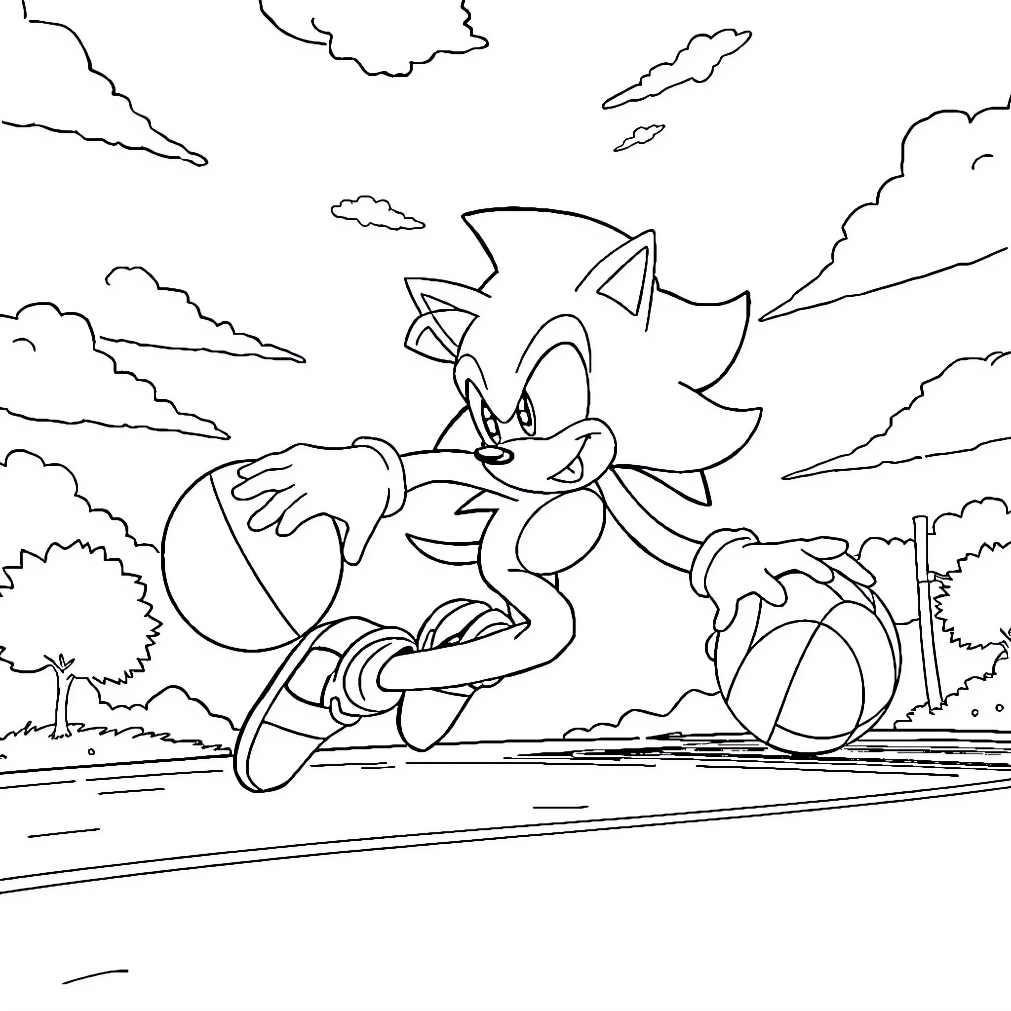 Sonic racing speedily through a scenic landscape Coloring Page (free black-and-white line drawing printable PDF for all, from beginners to advanced learners, including children, teens, adults, and seniors)
