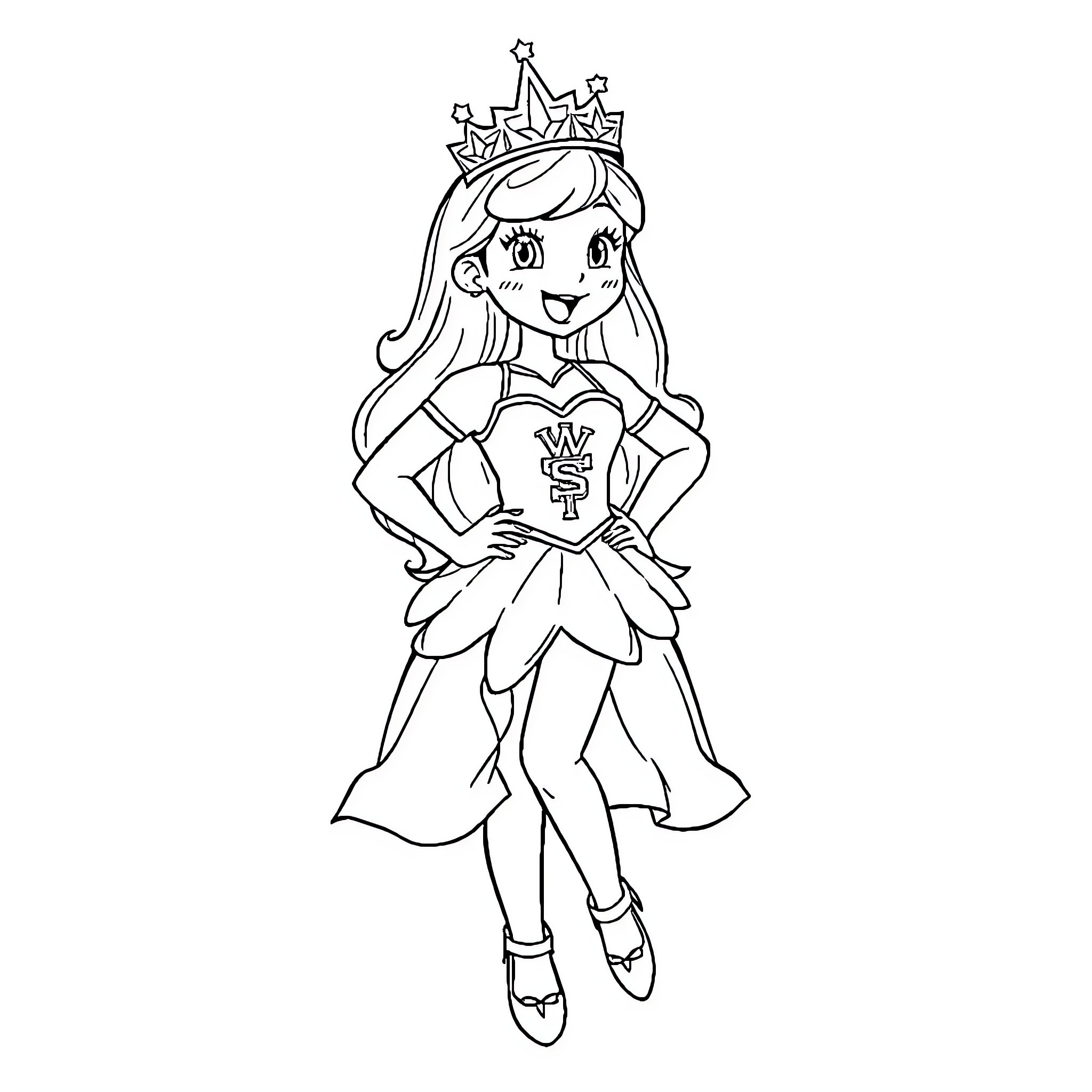 Wu Shock: Confident Princess in Elegant Attire Coloring Page (free black-and-white line drawing printable PDF for all, from beginners to advanced learners, including children, teens, adults, and seniors)