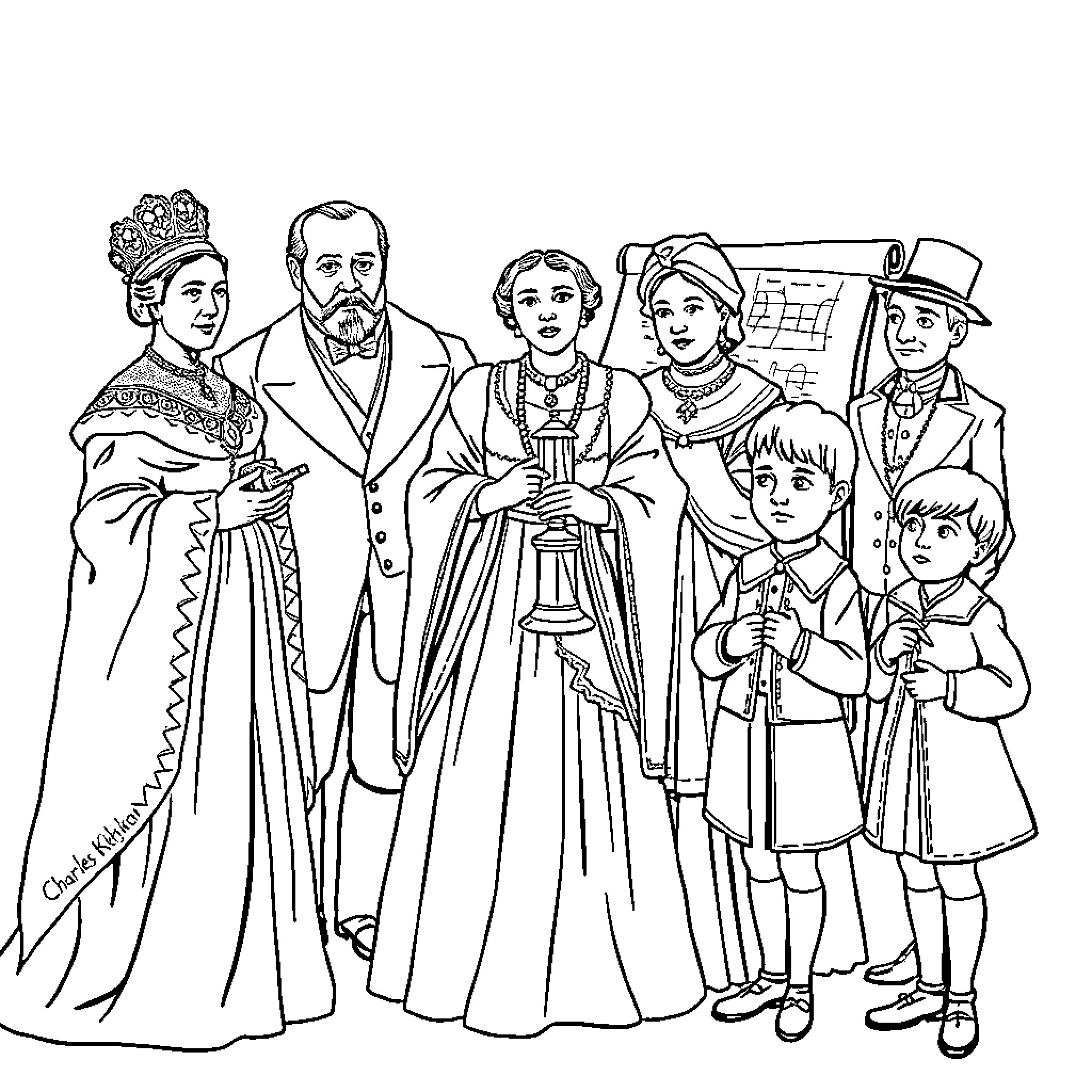 Queen's Family Portrait in Traditional Garb Coloring Page (free black-and-white line drawing printable PDF for all, from beginners to advanced learners, including children, teens, adults, and seniors)