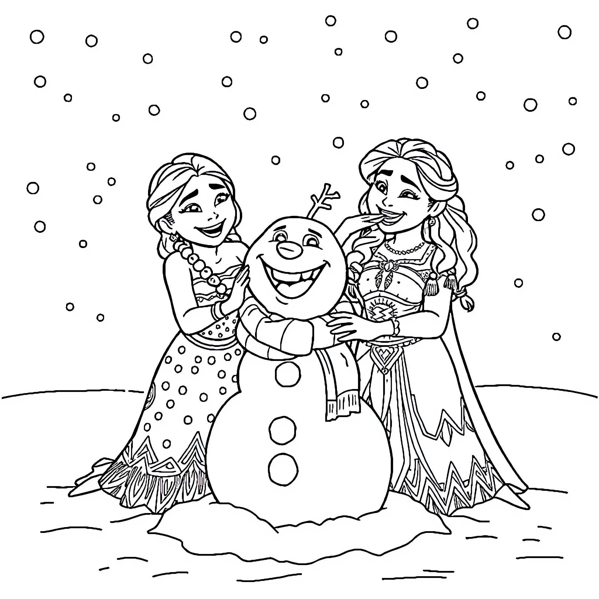 Moana and Elsa building a snowman together Coloring Page (free black-and-white line drawing printable PDF for all, from beginners to advanced learners, including children, teens, adults, and seniors)