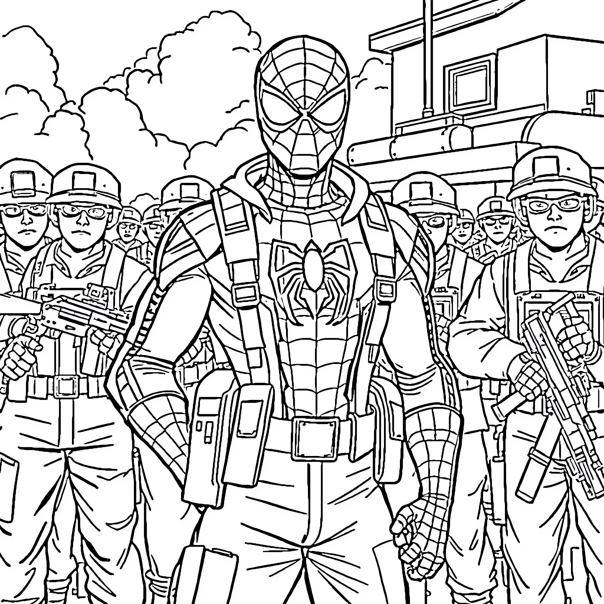 Spiderman leading the tactical team in action Coloring Page (free black-and-white line drawing printable PDF for all, from beginners to advanced learners, including children, teens, adults, and seniors)