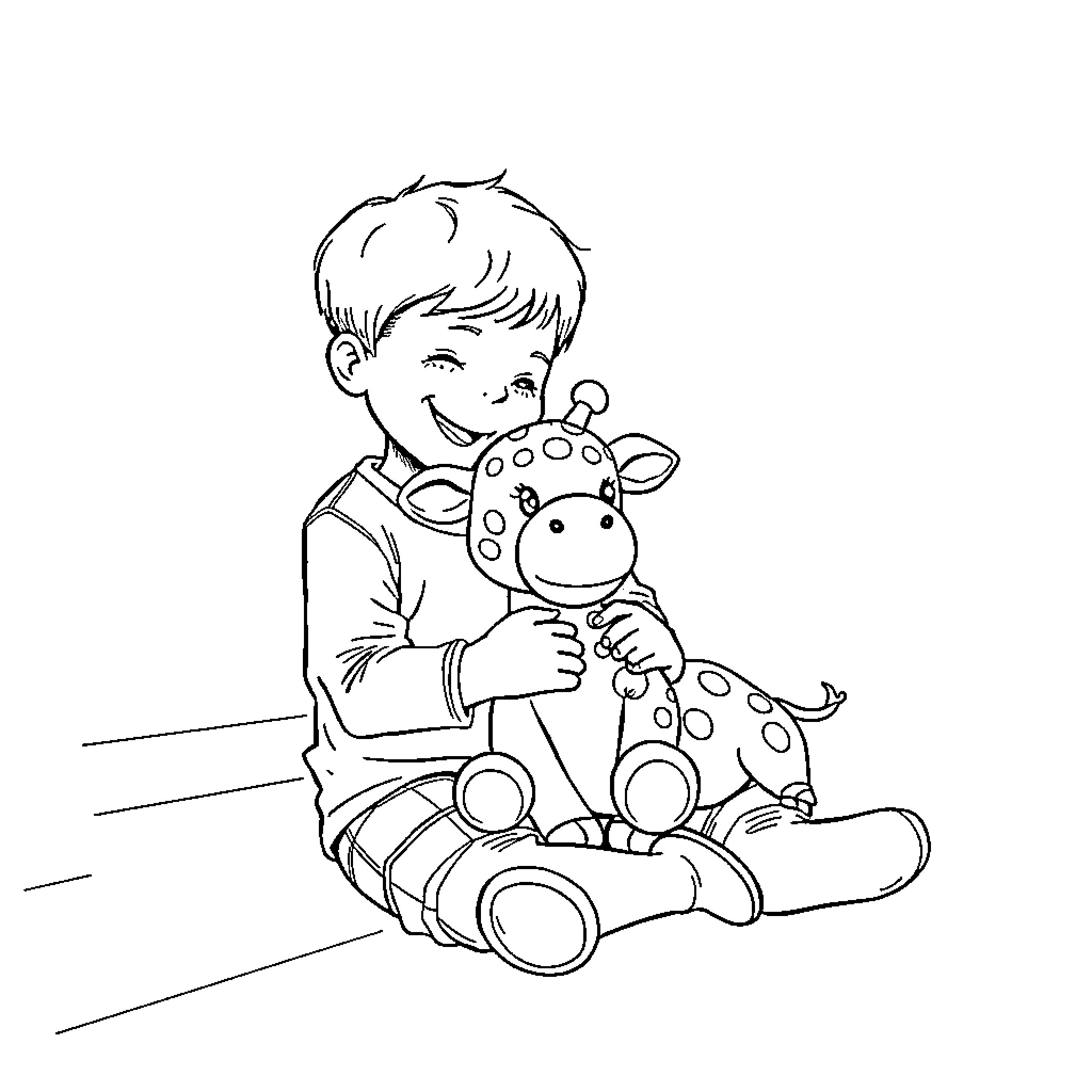 Boy playing with spotted toy animal Coloring Page (free black-and-white line drawing printable PDF for all, from beginners to advanced learners, including children, teens, adults, and seniors)