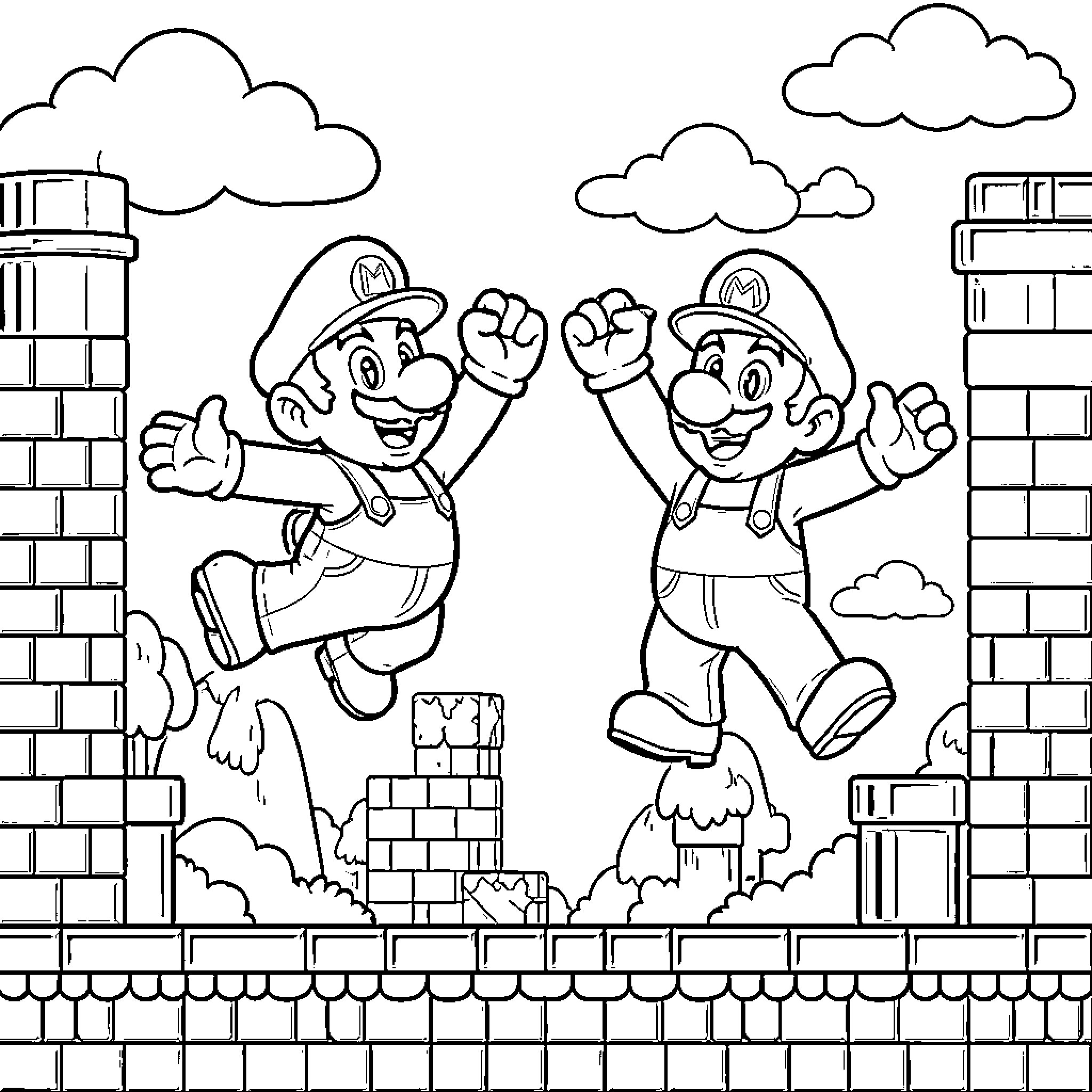 Mario's Jumping Adventure Coloring Page (free black-and-white line drawing printable PDF for all, from beginners to advanced learners, including children, teens, adults, and seniors)