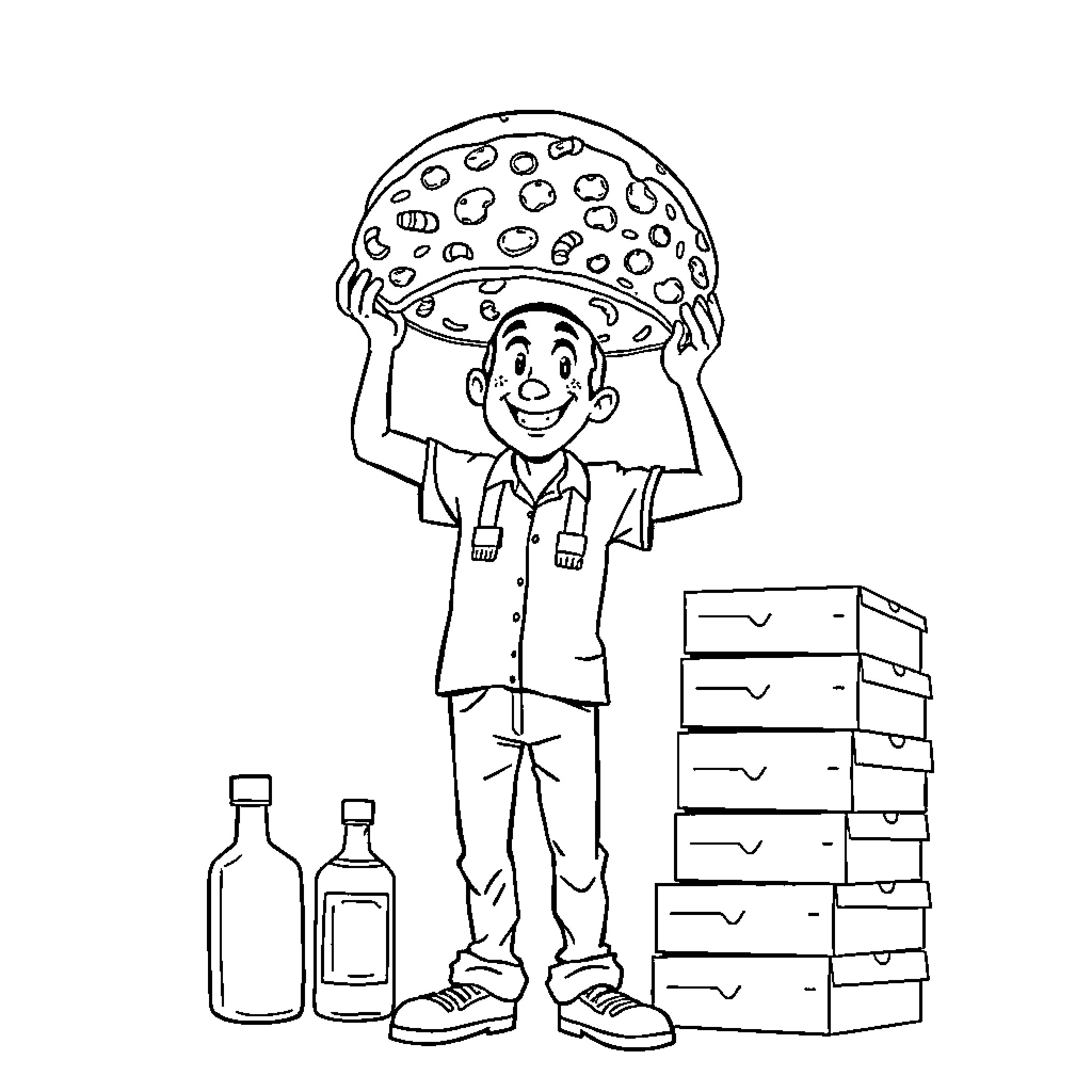 Man carrying large mushroom with crates and bottles Coloring Page (free black-and-white line drawing printable PDF for all, from beginners to advanced learners, including children, teens, adults, and seniors)