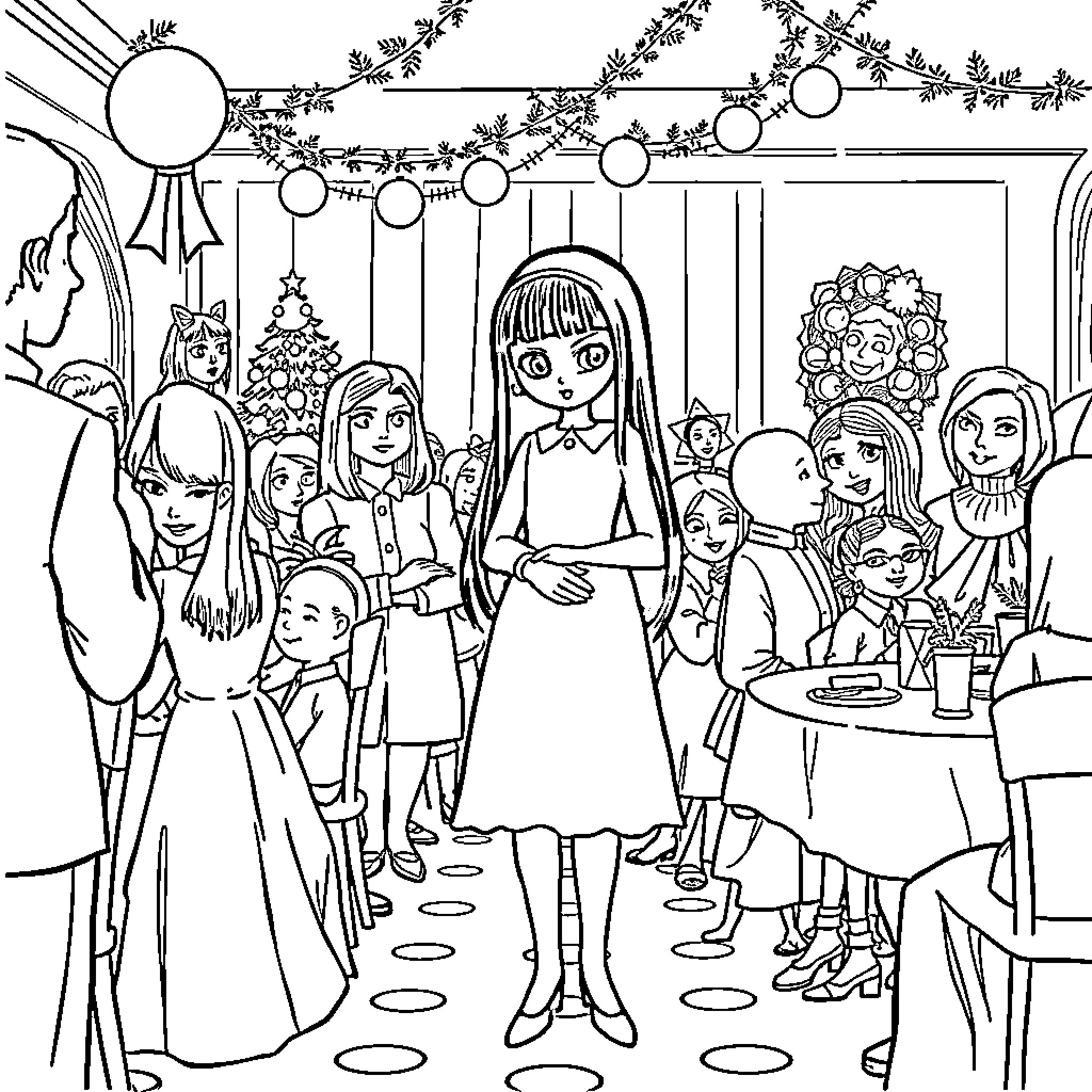 Wednesday Addams and her family in a festive scene Coloring Page (free black-and-white line drawing printable PDF for all, from beginners to advanced learners, including children, teens, adults, and seniors)