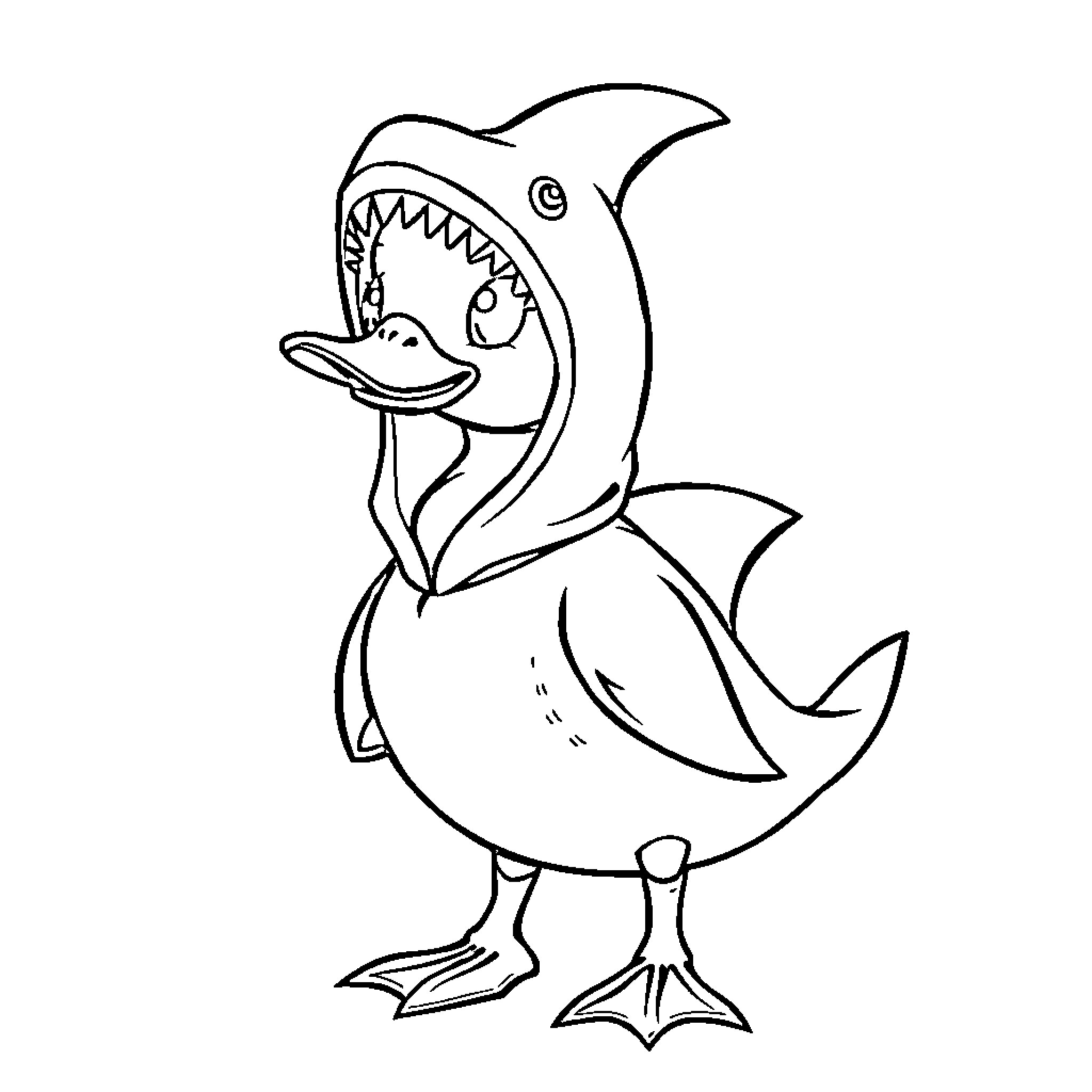 Duck with an open mouth and sharp teeth Coloring Page (free black-and-white line drawing printable PDF for all, from beginners to advanced learners, including children, teens, adults, and seniors)