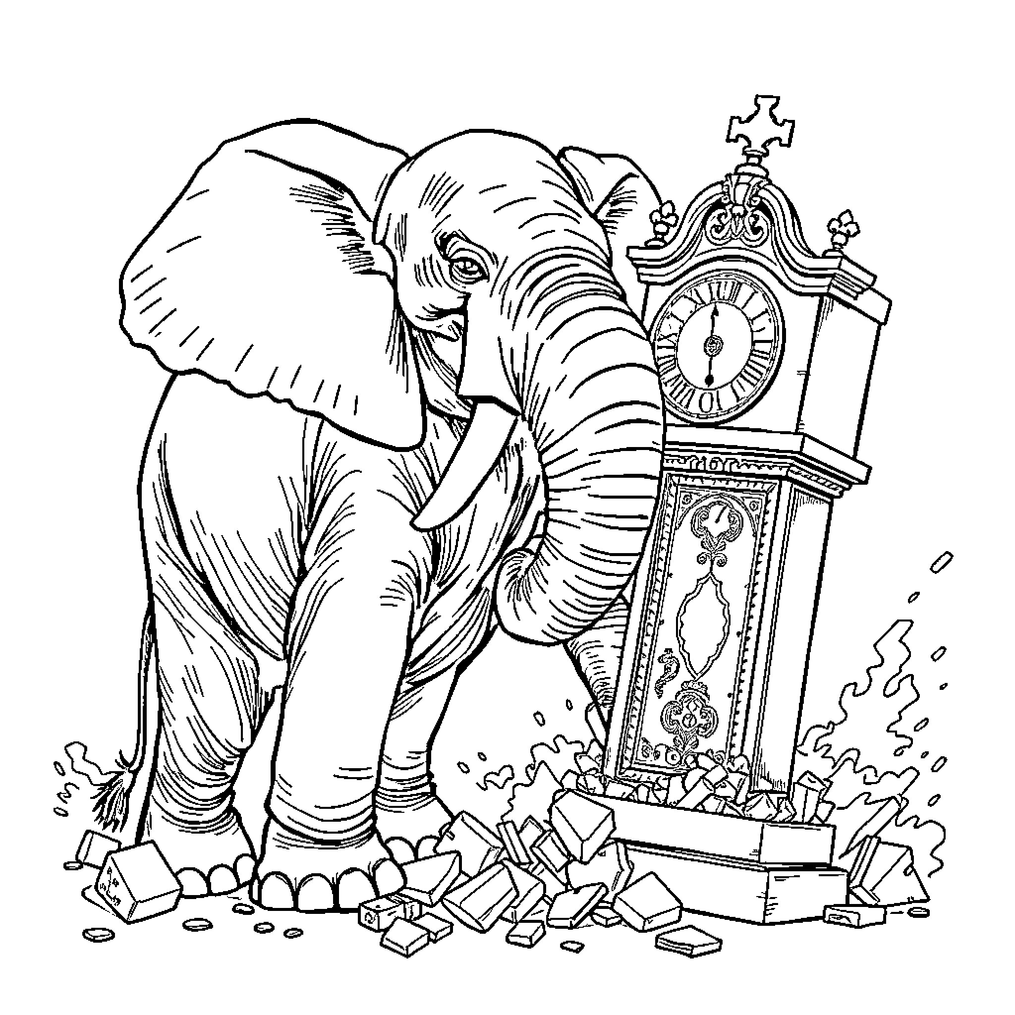 Elephant breaking an antique grandfather clock Coloring Page (free black-and-white line drawing printable PDF for all, from beginners to advanced learners, including children, teens, adults, and seniors)