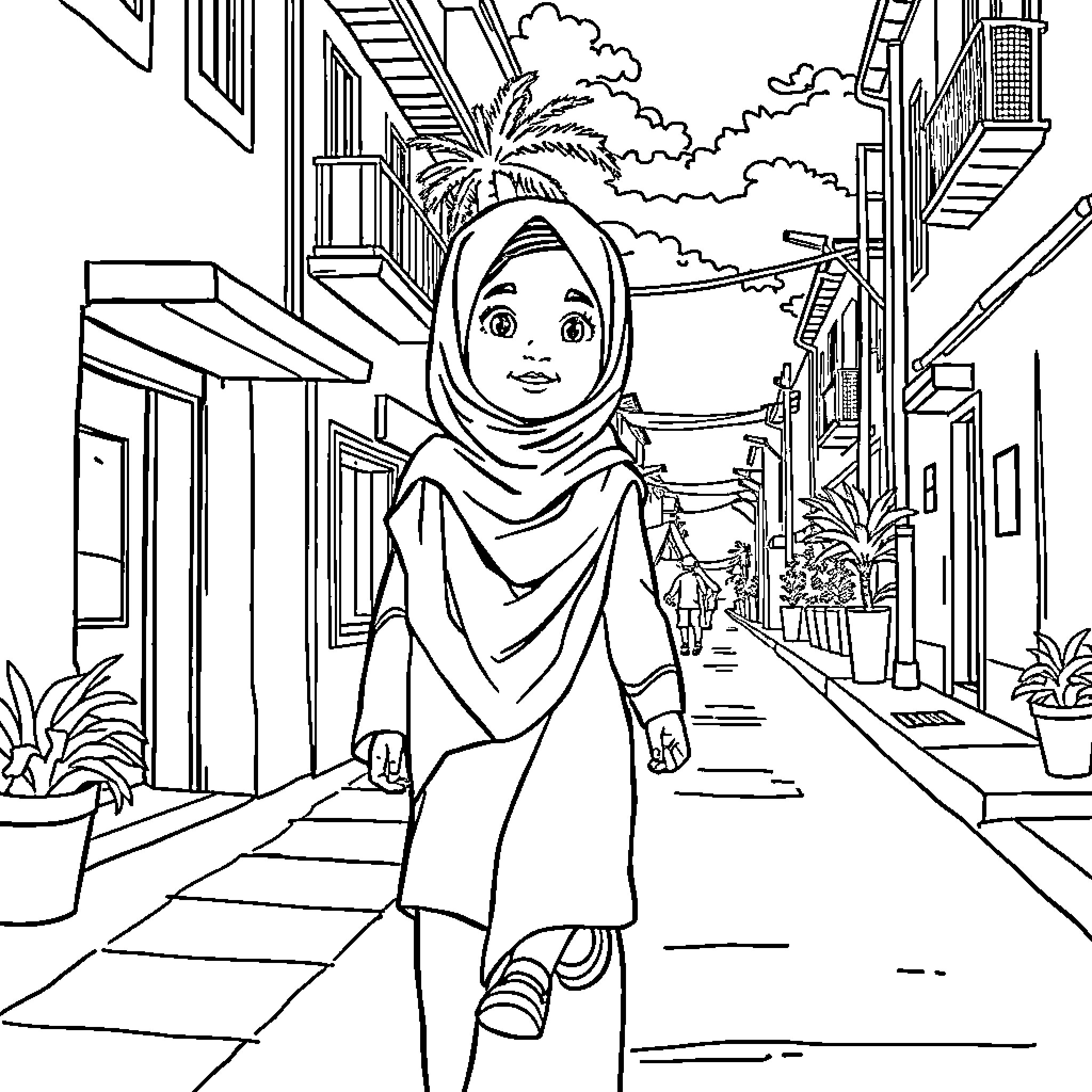 Muslim Girl Exploring a Vibrant Street Scene Coloring Page (free black-and-white line drawing printable PDF for all, from beginners to advanced learners, including children, teens, adults, and seniors)