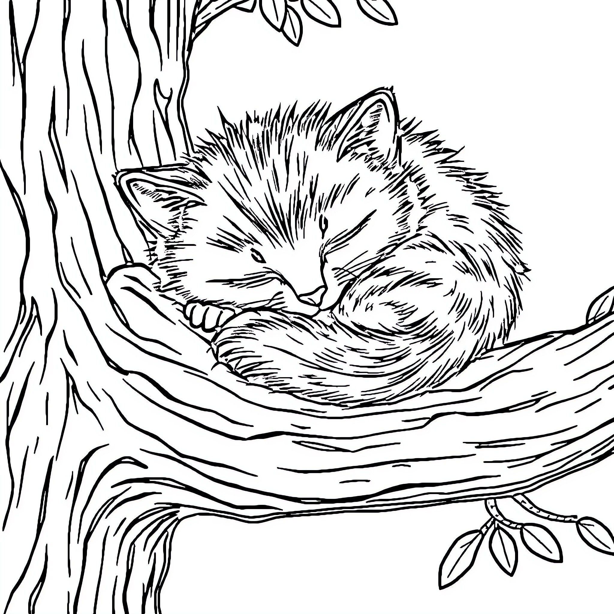 Kitty sleeping peacefully in the hollow of a tree Coloring Page (free black-and-white line drawing printable PDF for all, from beginners to advanced learners, including children, teens, adults, and seniors)