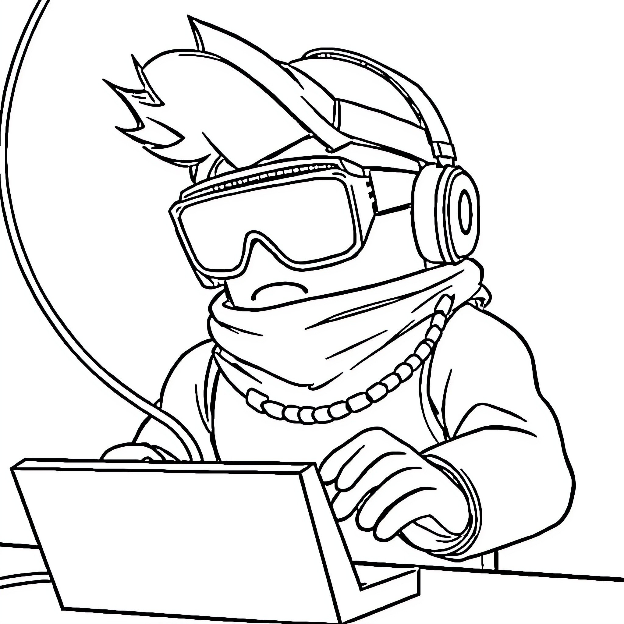 Roblox Monkey exploring virtual reality on computer Coloring Page (free black-and-white line drawing printable PDF for all, from beginners to advanced learners, including children, teens, adults, and seniors)
