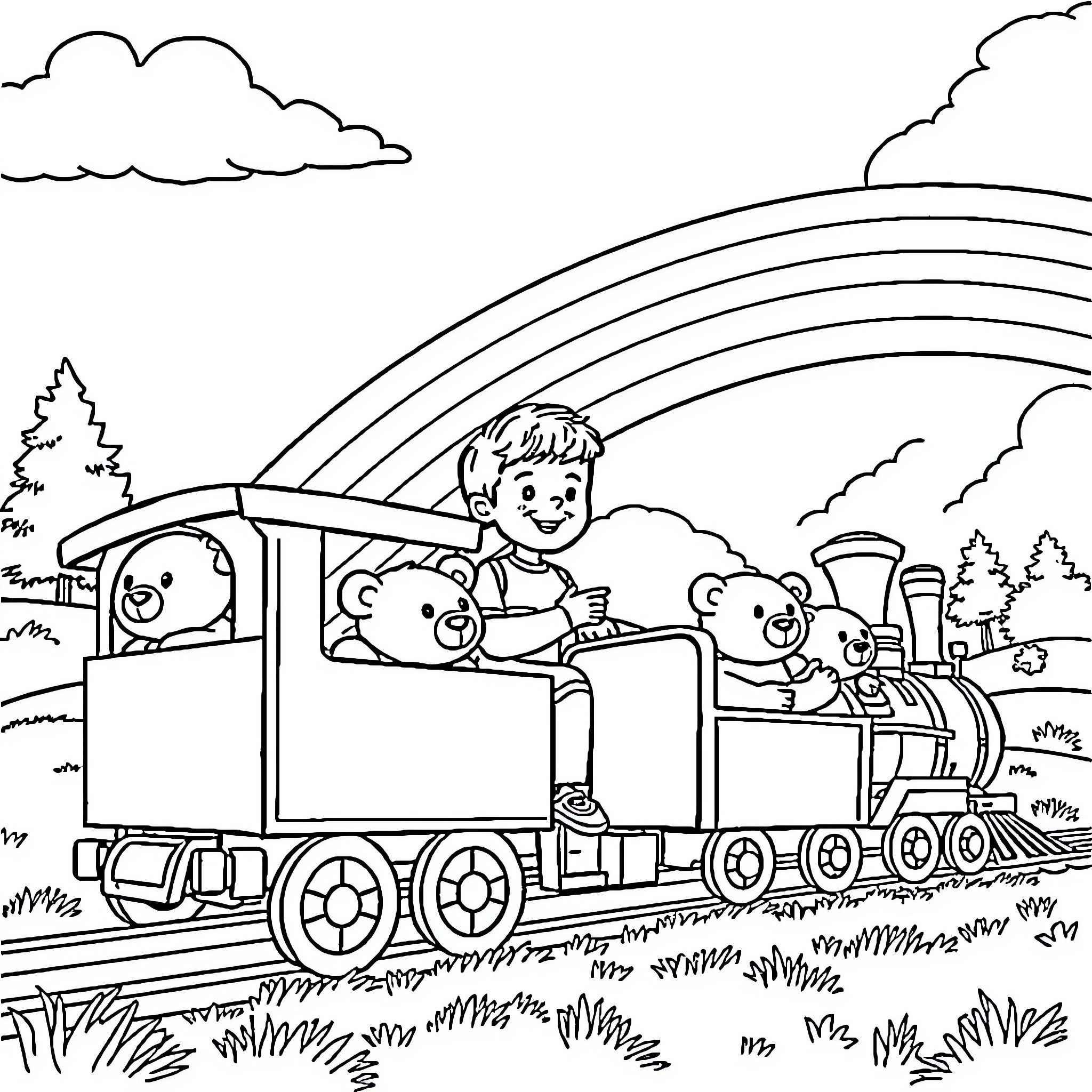 Boy riding train with stuffed animals through scenic landscape Coloring Page (free black-and-white line drawing printable PDF for all, from beginners to advanced learners, including children, teens, adults, and seniors)
