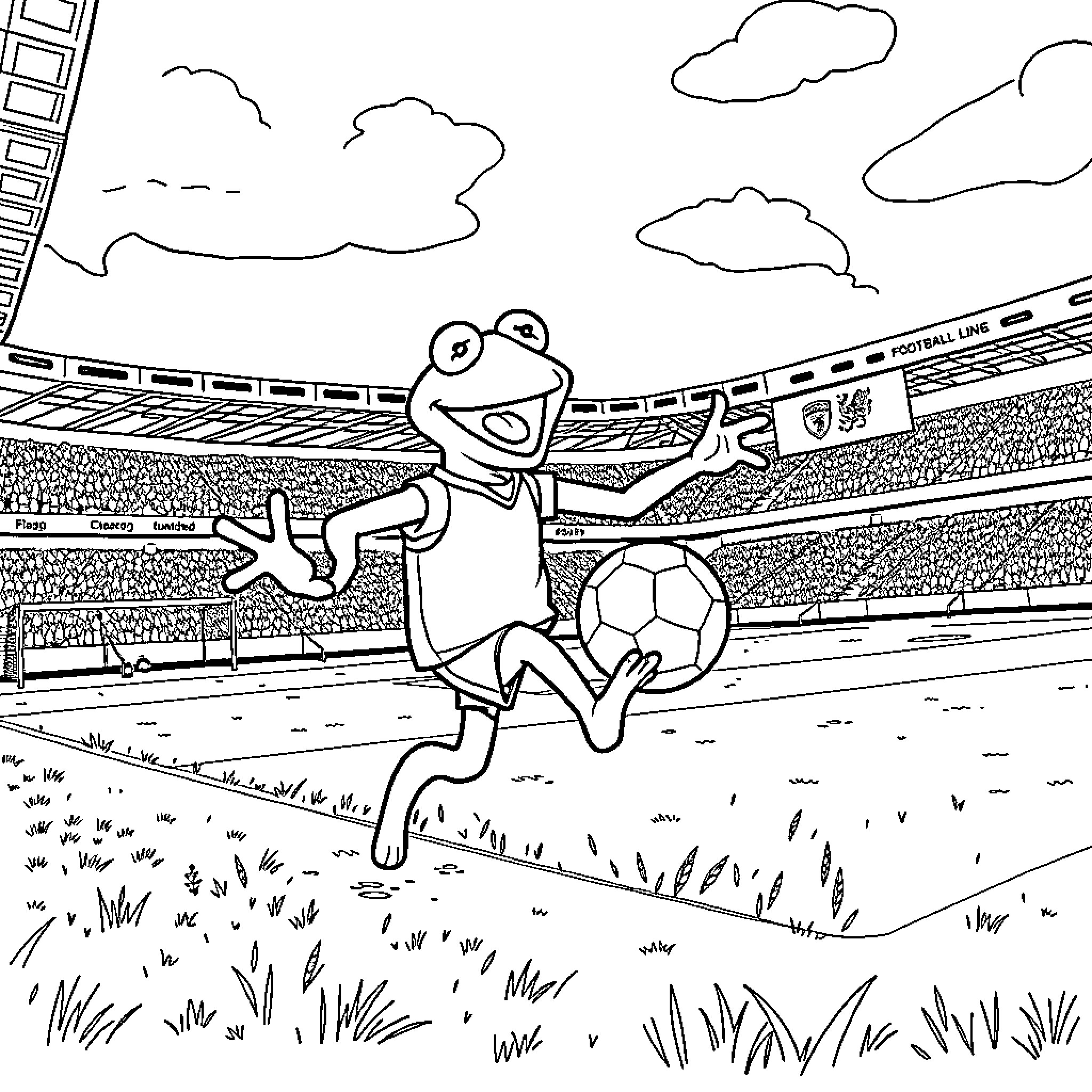 Kermit the Frog playing soccer in a stadium Coloring Page (free black-and-white line drawing printable PDF for all, from beginners to advanced learners, including children, teens, adults, and seniors)