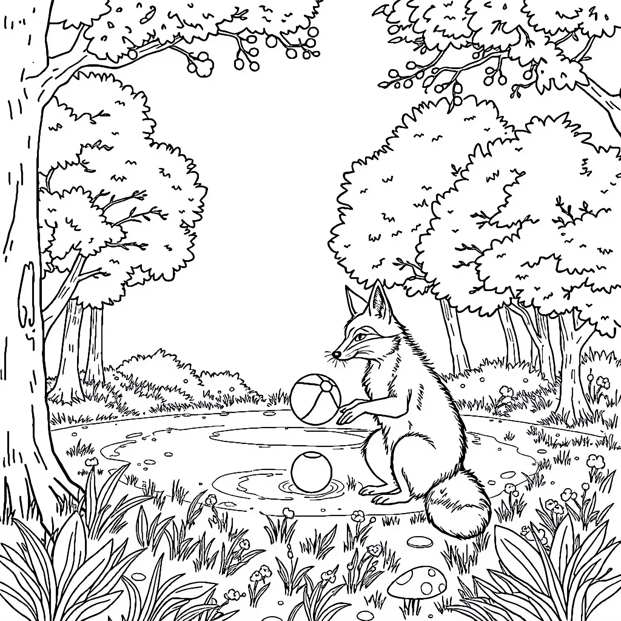 Renard playing with balls in the forest Coloring Page (free black-and-white line drawing printable PDF for all, from beginners to advanced learners, including children, teens, adults, and seniors)