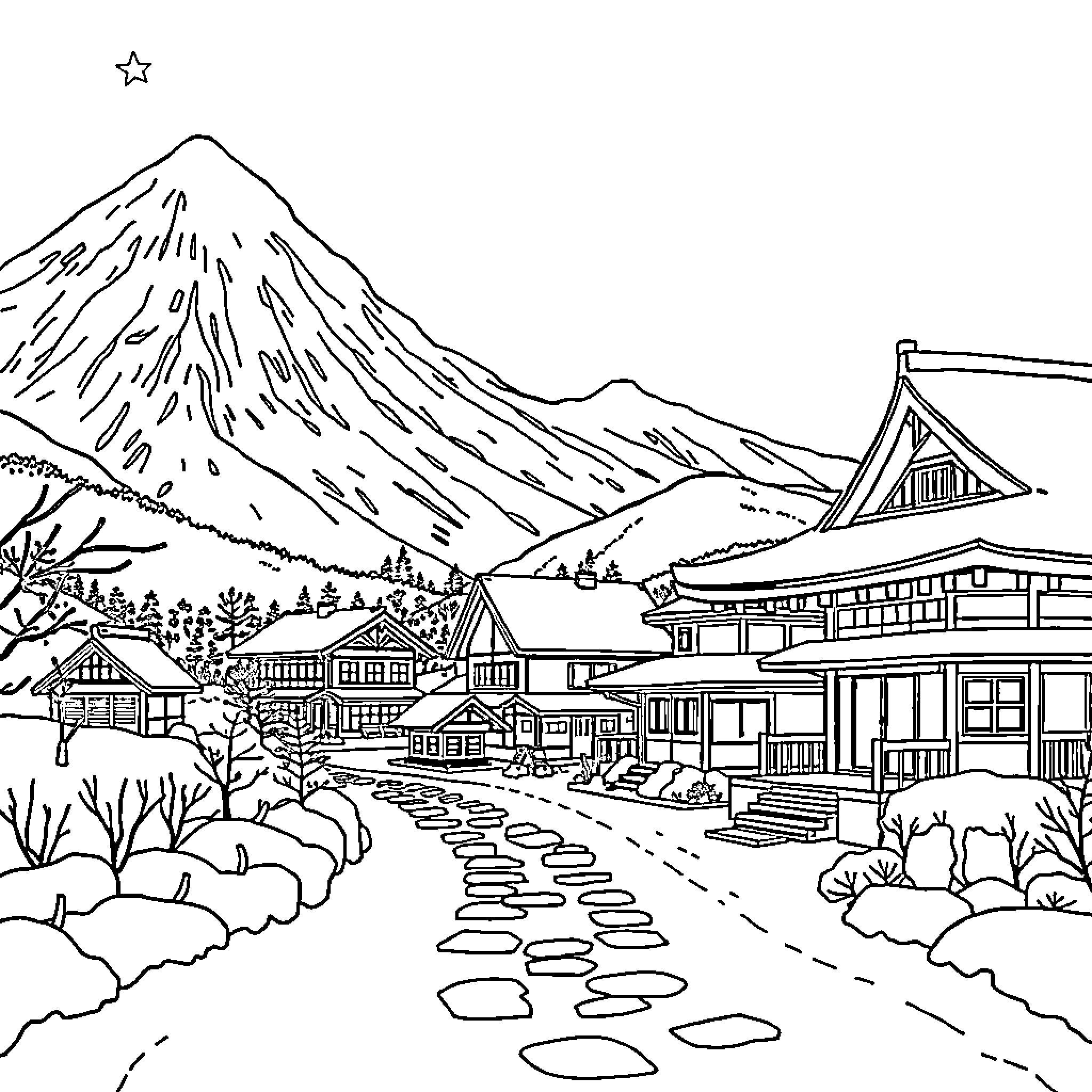 Winter scene of a snowy mountain village Coloring Page (free black-and-white line drawing printable PDF for all, from beginners to advanced learners, including children, teens, adults, and seniors)