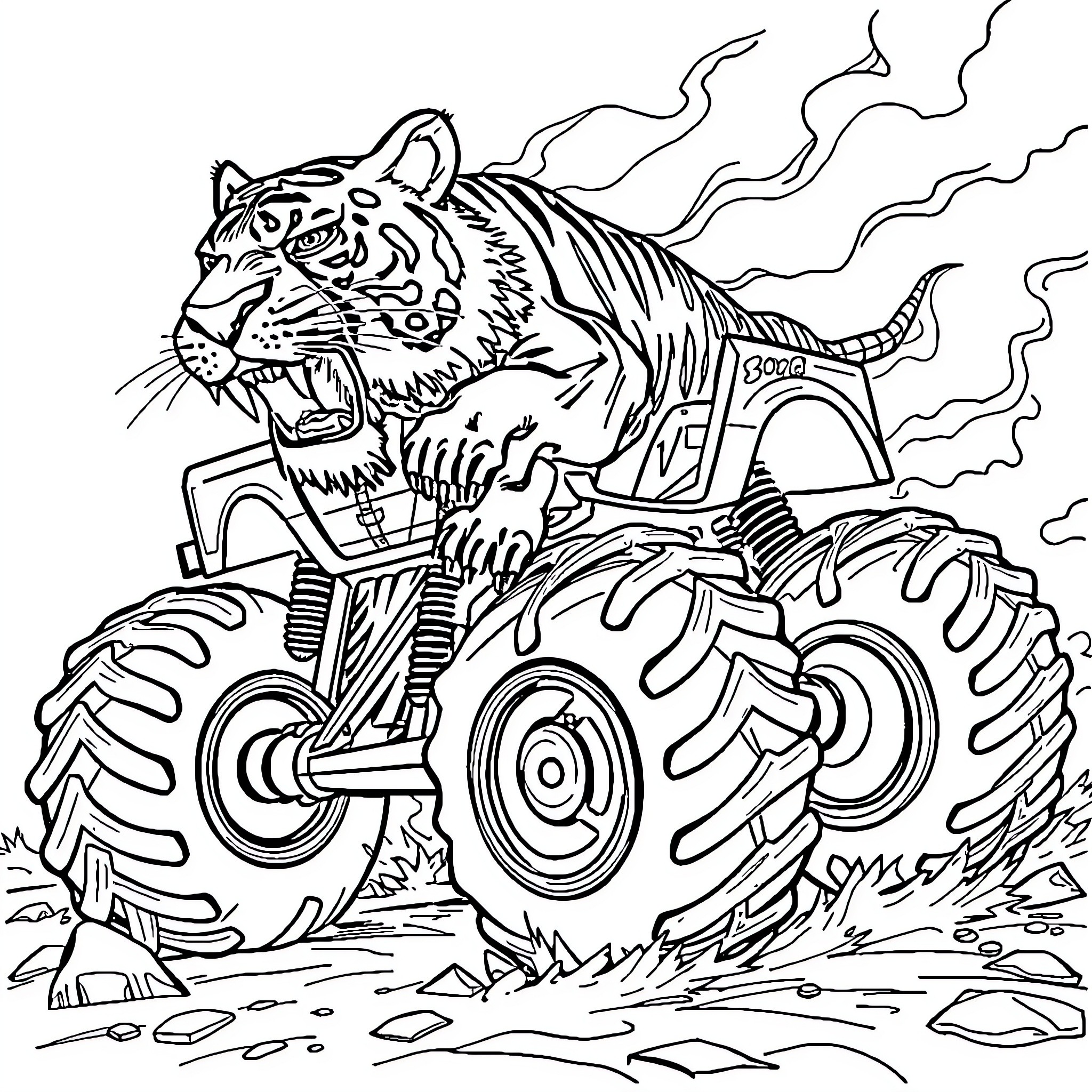 Tiger Riding Powerful Monster Truck Coloring Page (free black-and-white line drawing printable PDF for all, from beginners to advanced learners, including children, teens, adults, and seniors)