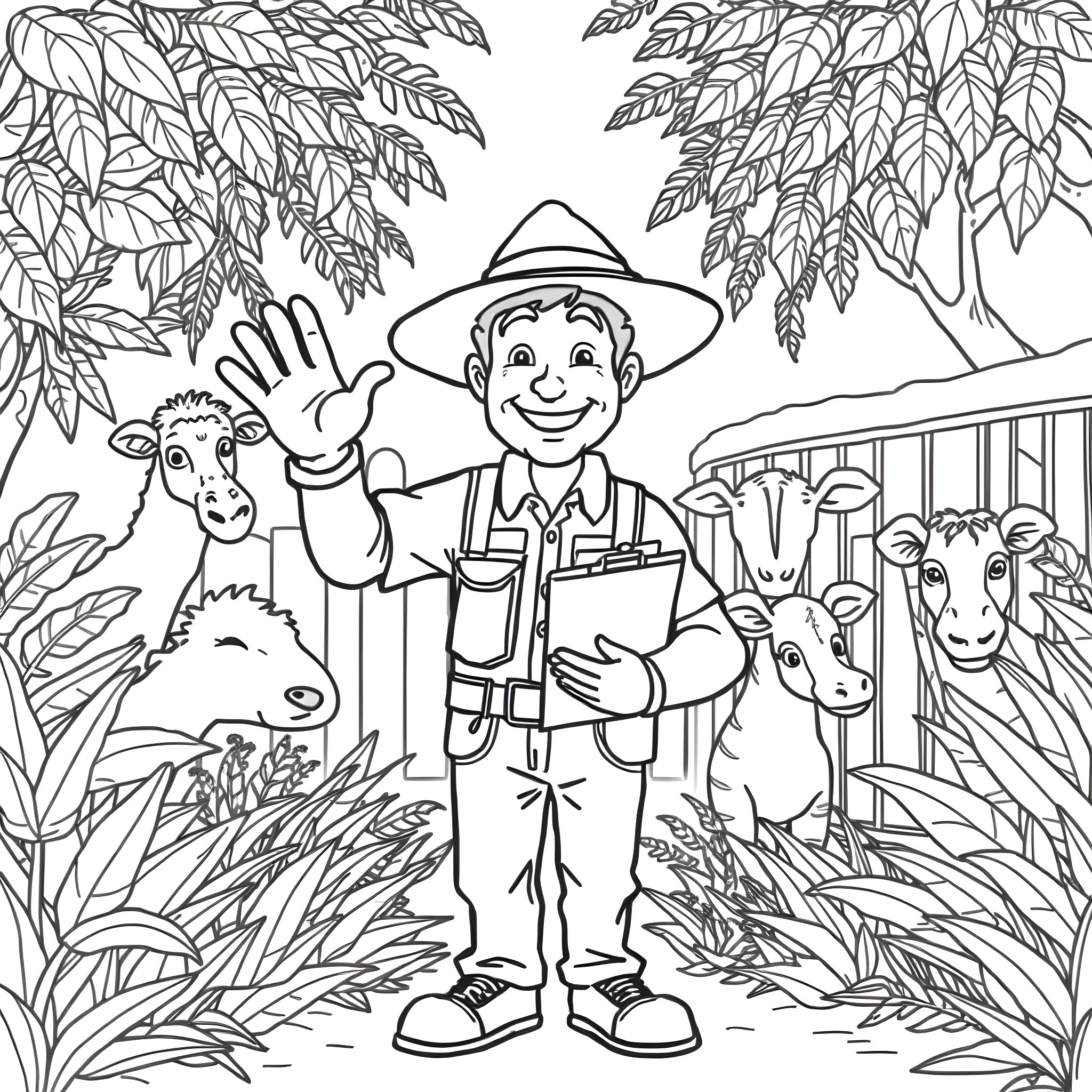 Zookeeper interacting with animals in the zoo Coloring Page (free black-and-white line drawing printable PDF for all, from beginners to advanced learners, including children, teens, adults, and seniors)