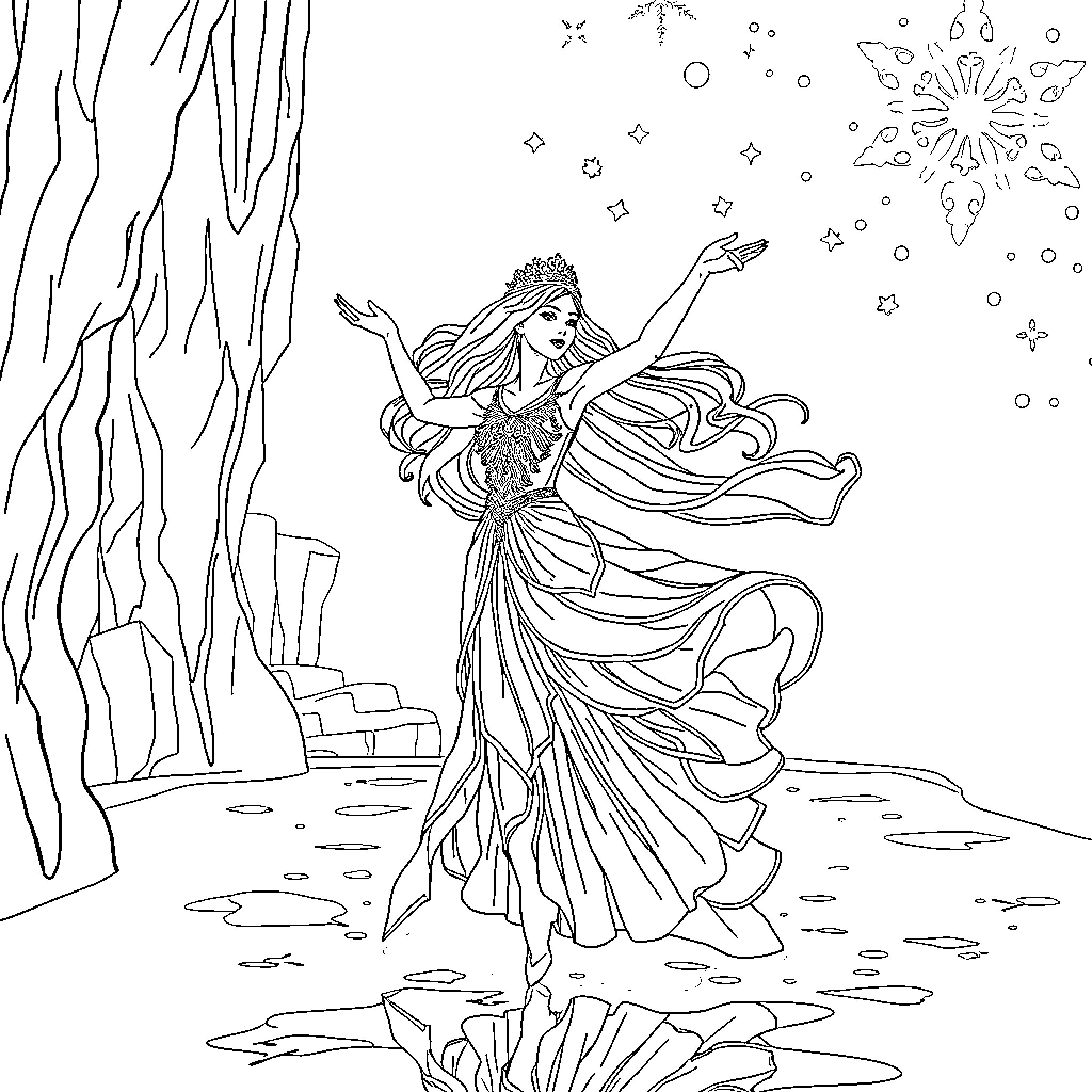 Snow Queen dancing gracefully amidst falling snowflakes Coloring Page (free black-and-white line drawing printable PDF for all, from beginners to advanced learners, including children, teens, adults, and seniors)