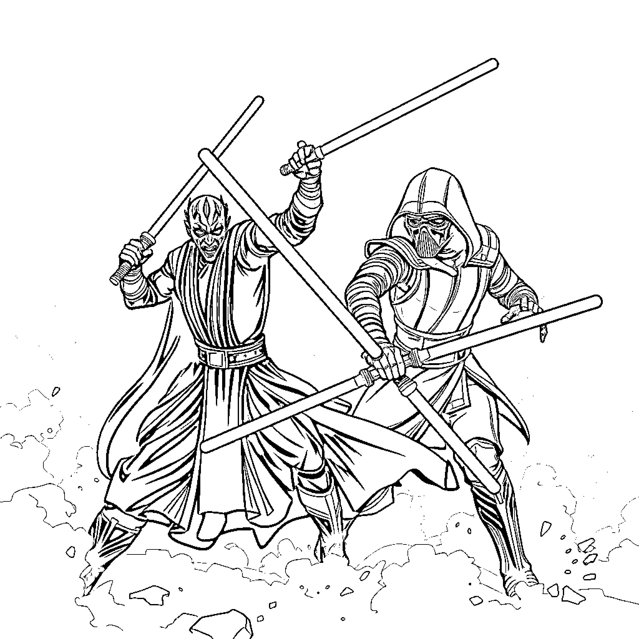 Darth Maul and Darth Vader battle with lightsabers Coloring Page (free black-and-white line drawing printable PDF for all, from beginners to advanced learners, including children, teens, adults, and seniors)