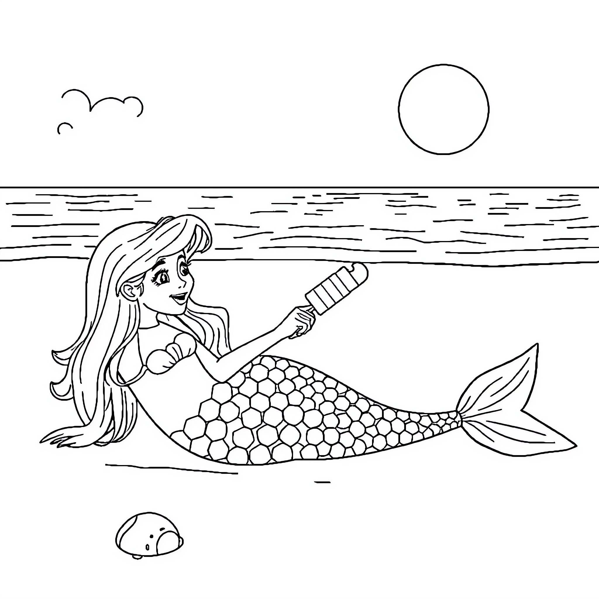 Mermaid brushing her hair by the sea Coloring Page (free black-and-white line drawing printable PDF for all, from beginners to advanced learners, including children, teens, adults, and seniors)