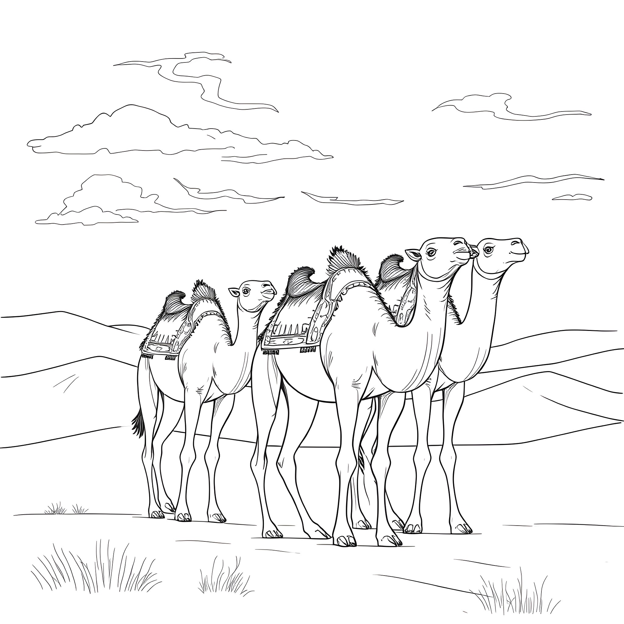 Camel caravan crossing the desert landscape Coloring Page (free black-and-white line drawing printable PDF for all, from beginners to advanced learners, including children, teens, adults, and seniors)