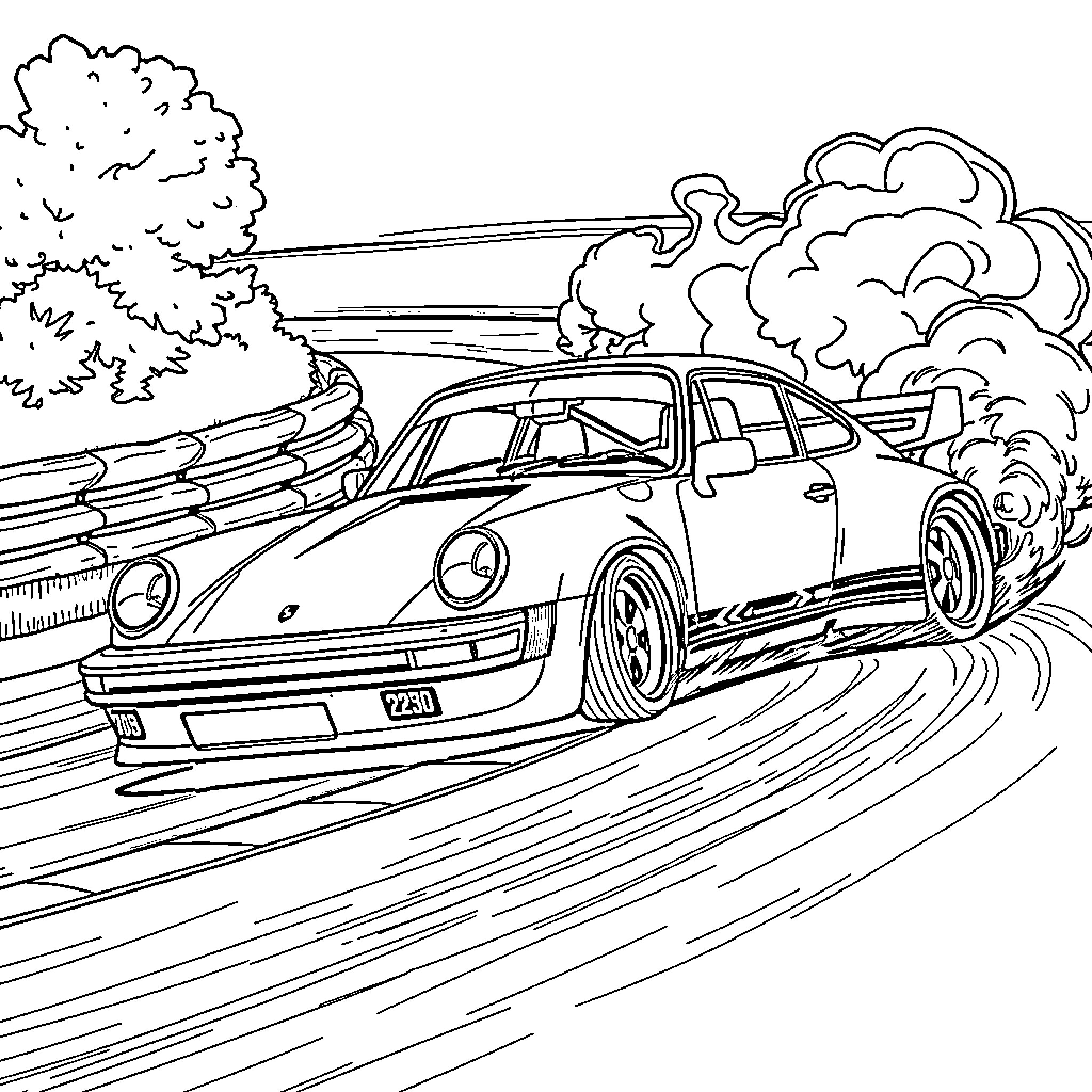 Porsche speeding through winding road with smoke Coloring Page (free black-and-white line drawing printable PDF for all, from beginners to advanced learners, including children, teens, adults, and seniors)