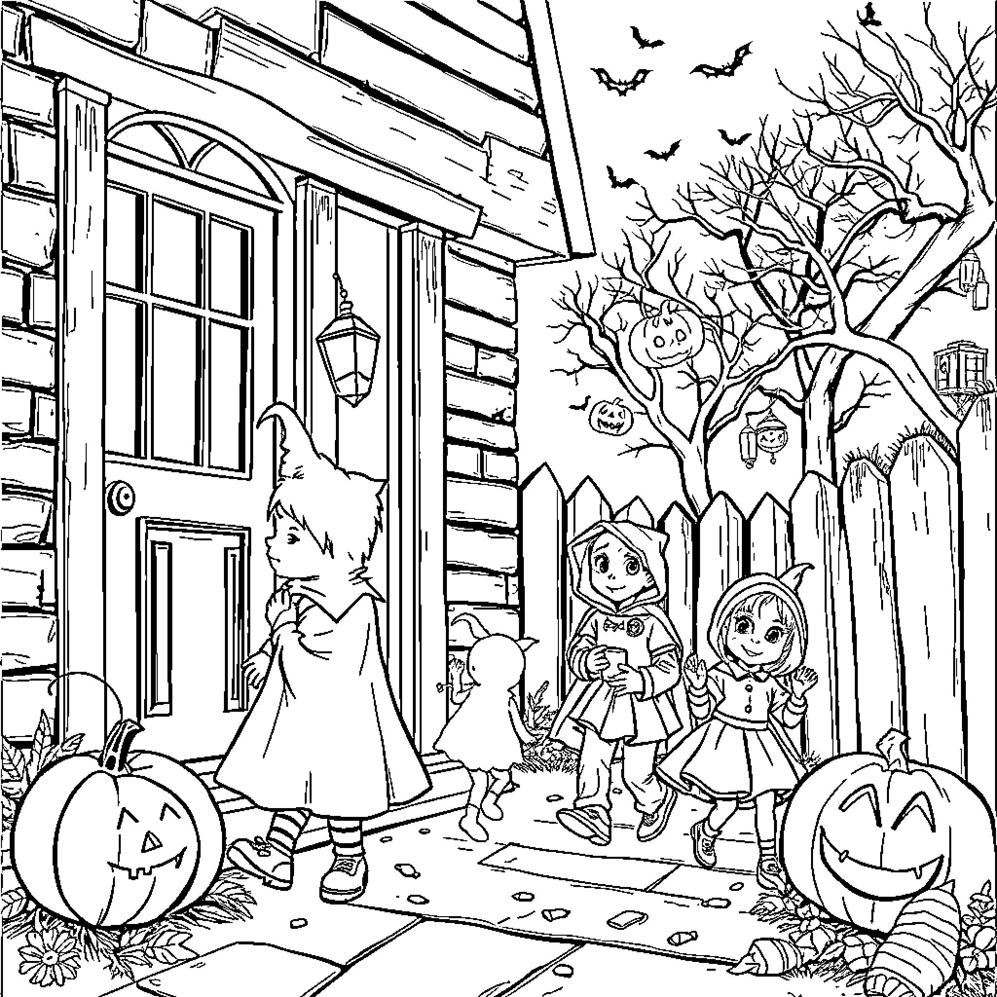 Halloween Trick-or-Treating in the Neighborhood Coloring Page (free black-and-white line drawing printable PDF for all, from beginners to advanced learners, including children, teens, adults, and seniors)