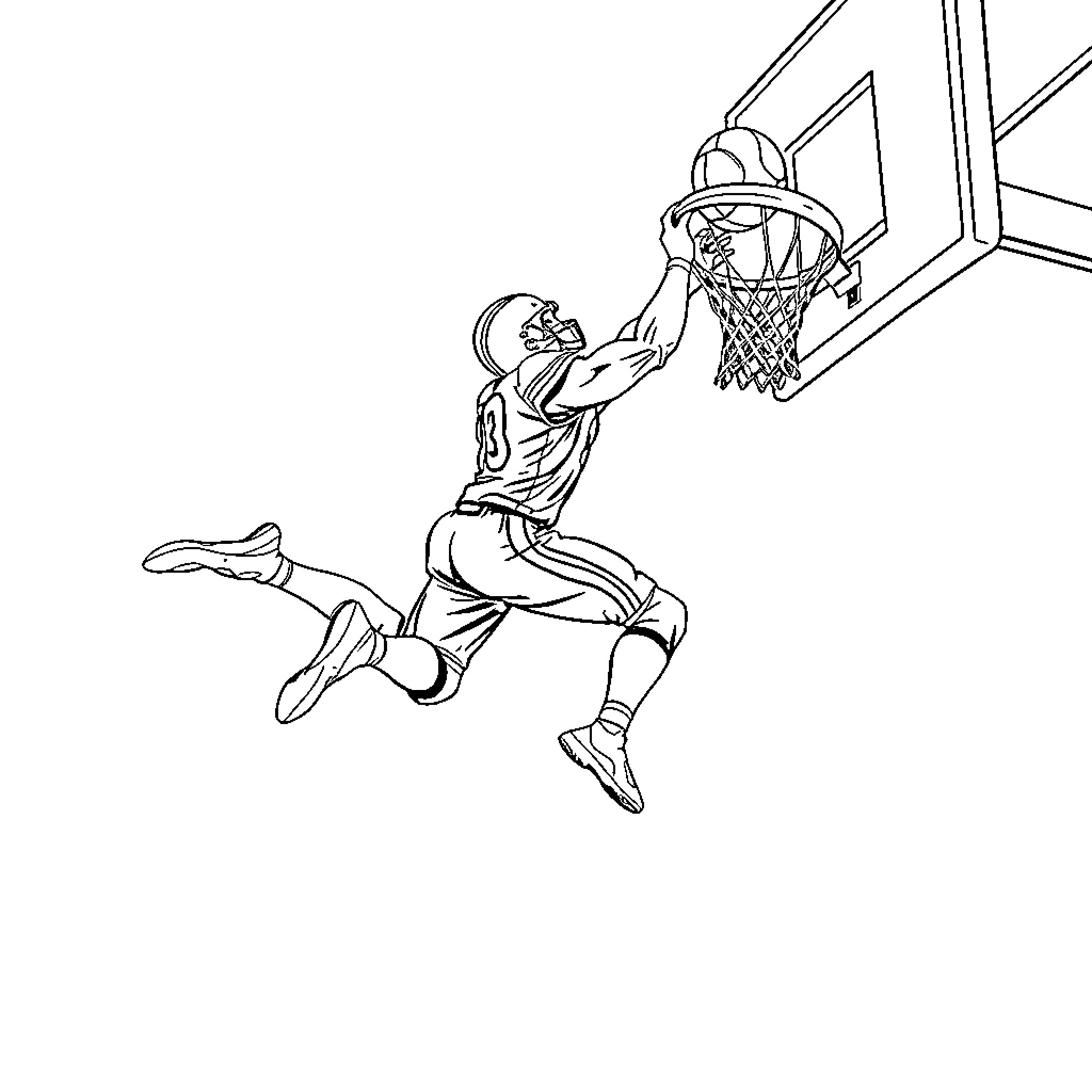 Football Player Dunking Basketball with Intensity Coloring Page (free black-and-white line drawing printable PDF for all, from beginners to advanced learners, including children, teens, adults, and seniors)