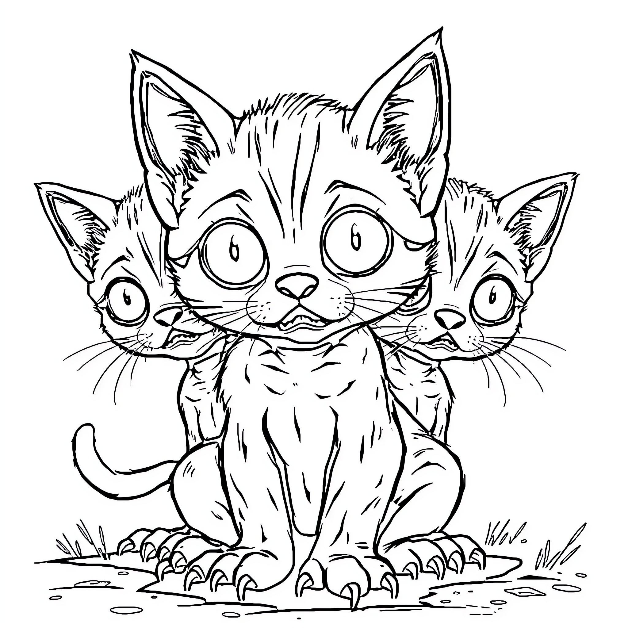 Kittens with big eyes sitting on the grass Coloring Page (free black-and-white line drawing printable PDF for all, from beginners to advanced learners, including children, teens, adults, and seniors)