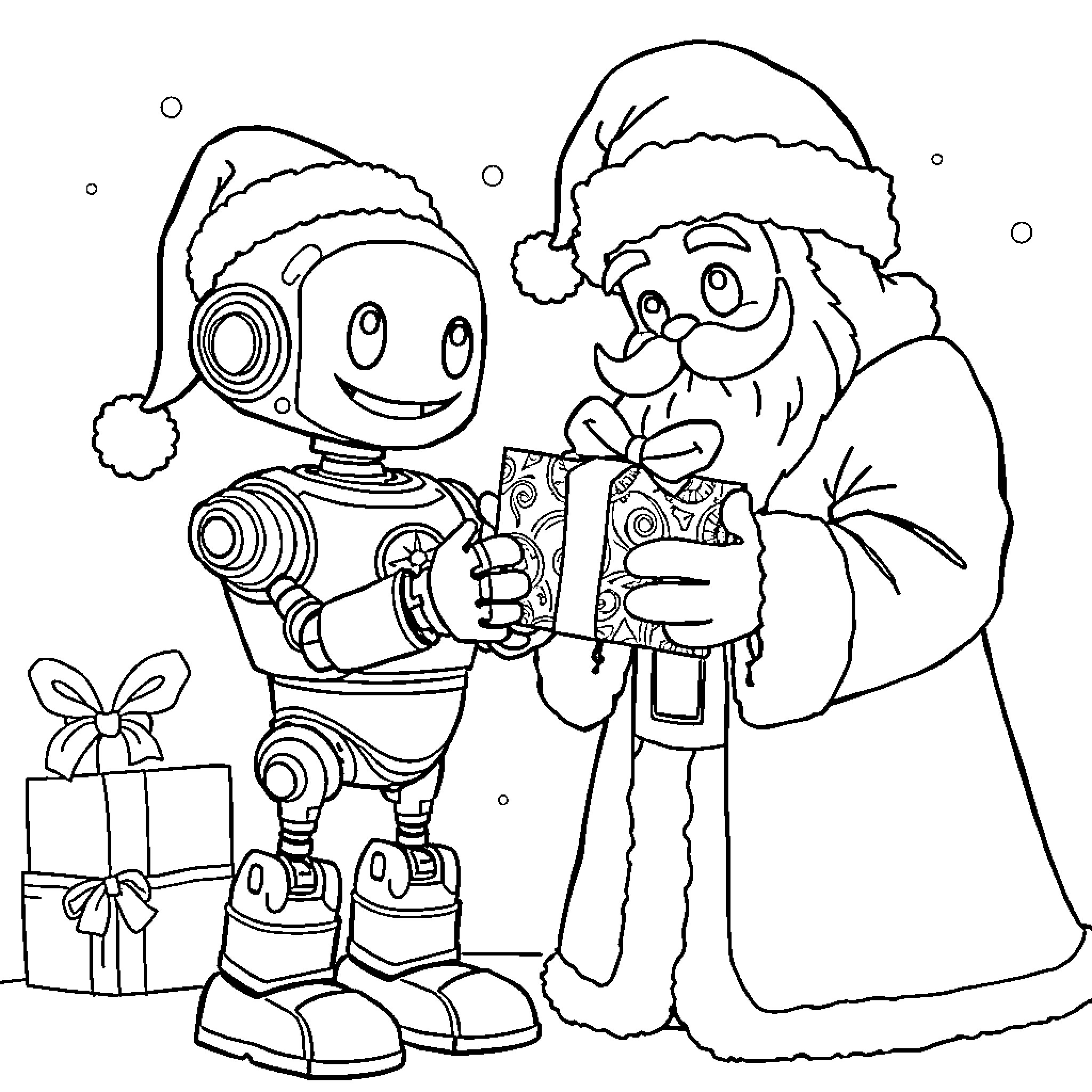 Robot Helping Santa Claus with Christmas Gifts Coloring Page (free black-and-white line drawing printable PDF for all, from beginners to advanced learners, including children, teens, adults, and seniors)