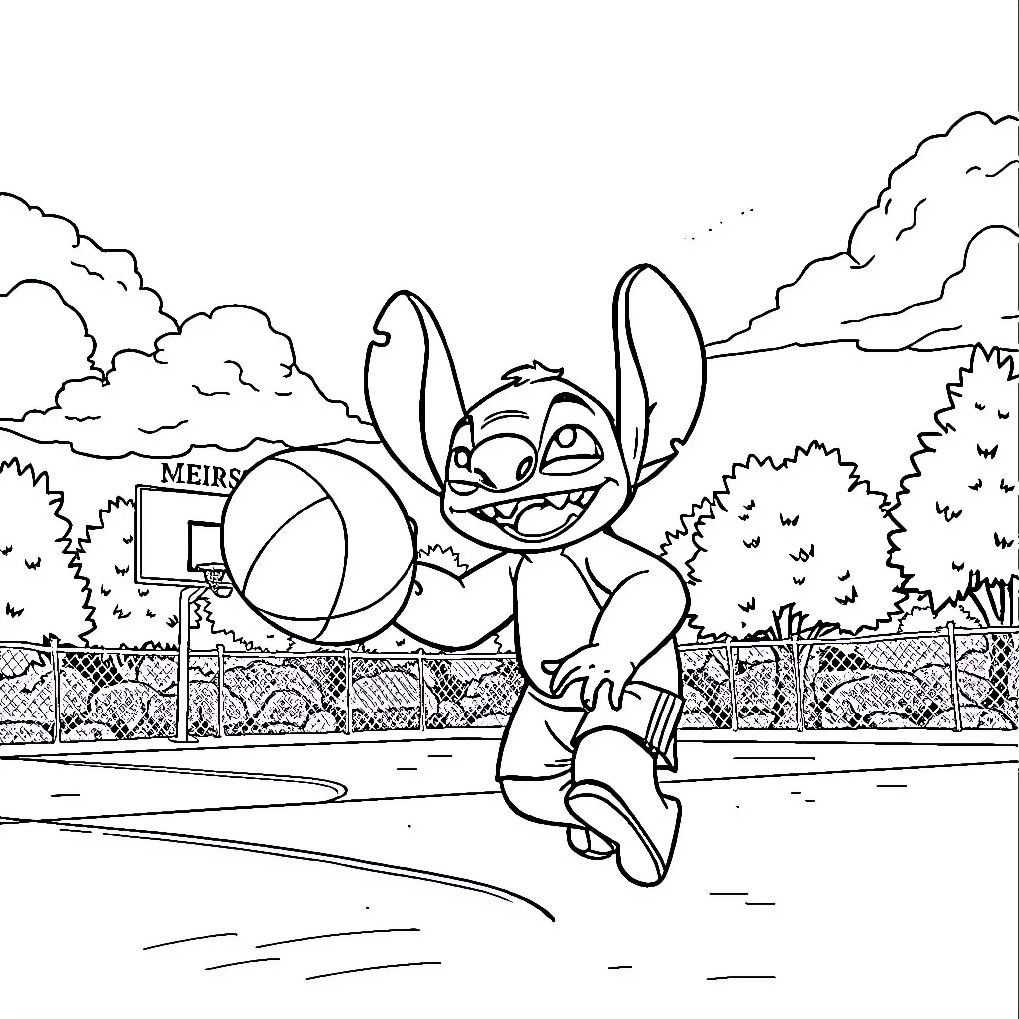 Stitch playing cheerfully in a park Coloring Page (free black-and-white line drawing printable PDF for all, from beginners to advanced learners, including children, teens, adults, and seniors)