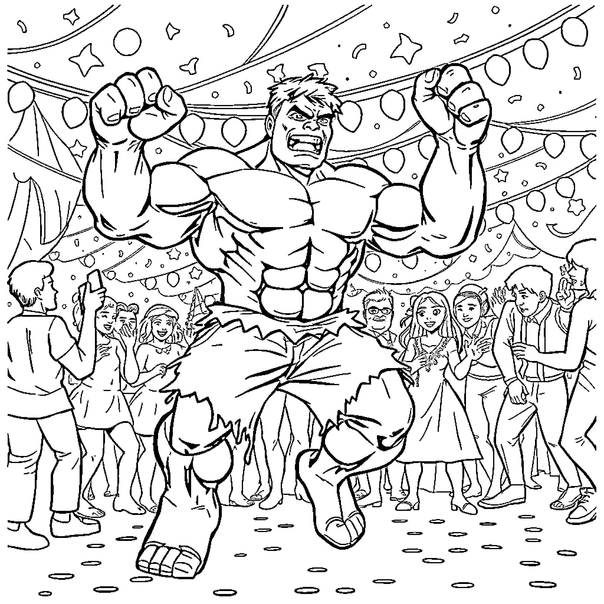 Hulk smashing through party with excited crowd Coloring Page (free black-and-white line drawing printable PDF for all, from beginners to advanced learners, including children, teens, adults, and seniors)
