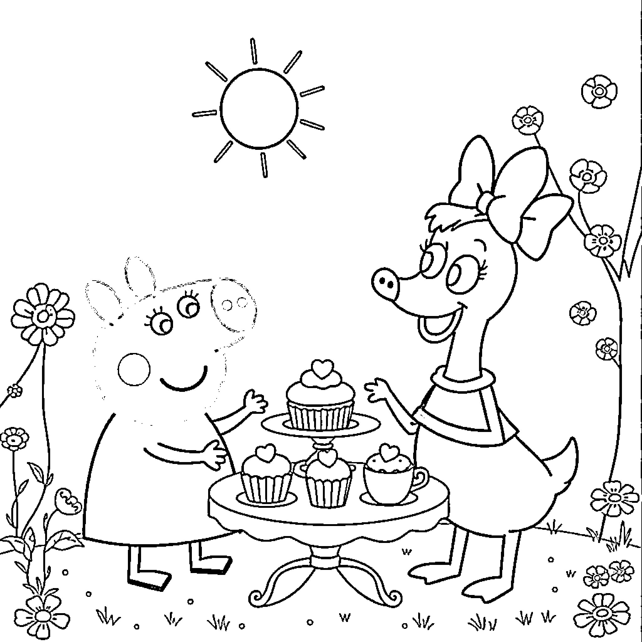 Peppa Pig enjoying cupcakes with friends in the sun Coloring Page (free black-and-white line drawing printable PDF for all, from beginners to advanced learners, including children, teens, adults, and seniors)