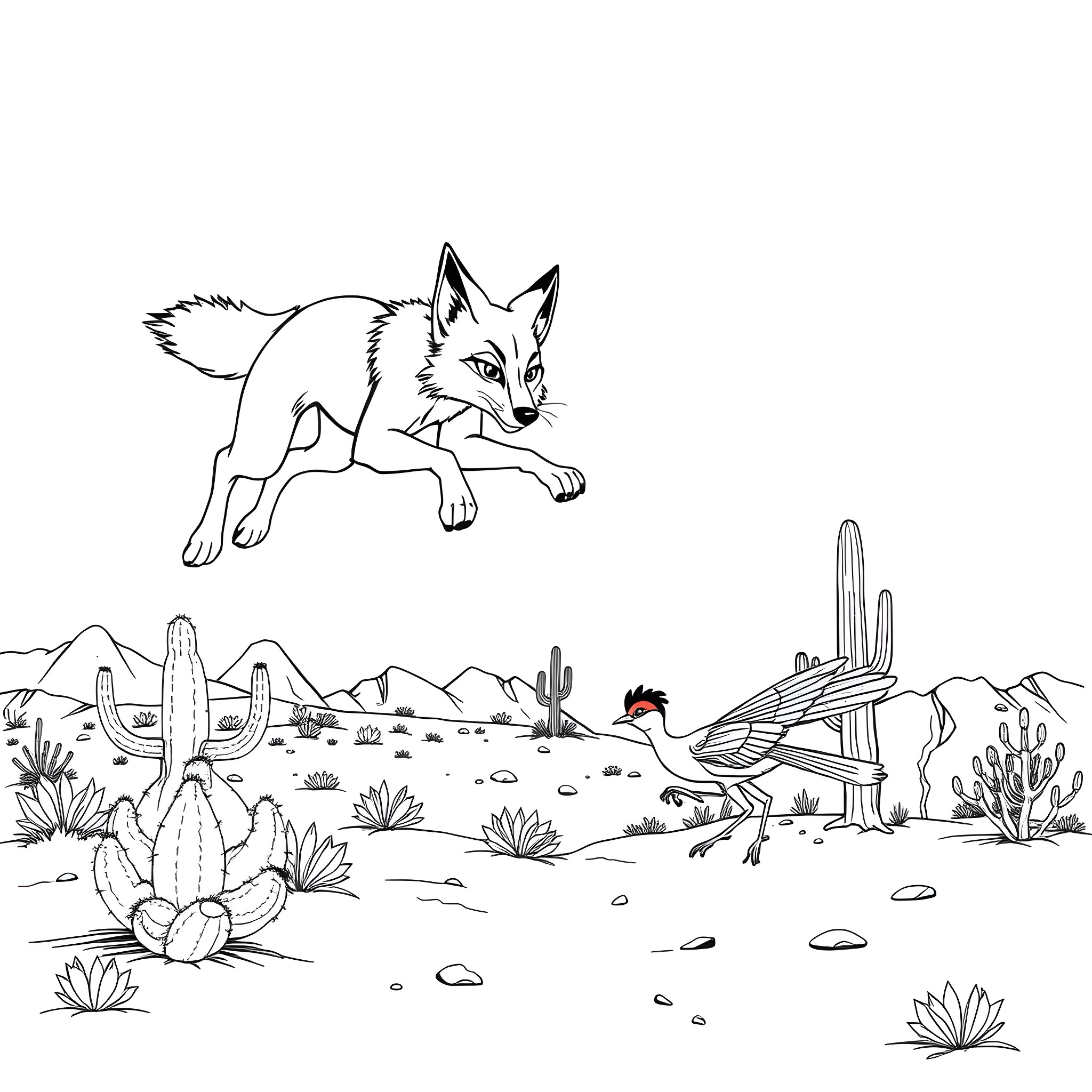 Coyote running through the desert landscape Coloring Page (free black-and-white line drawing printable PDF for all, from beginners to advanced learners, including children, teens, adults, and seniors)
