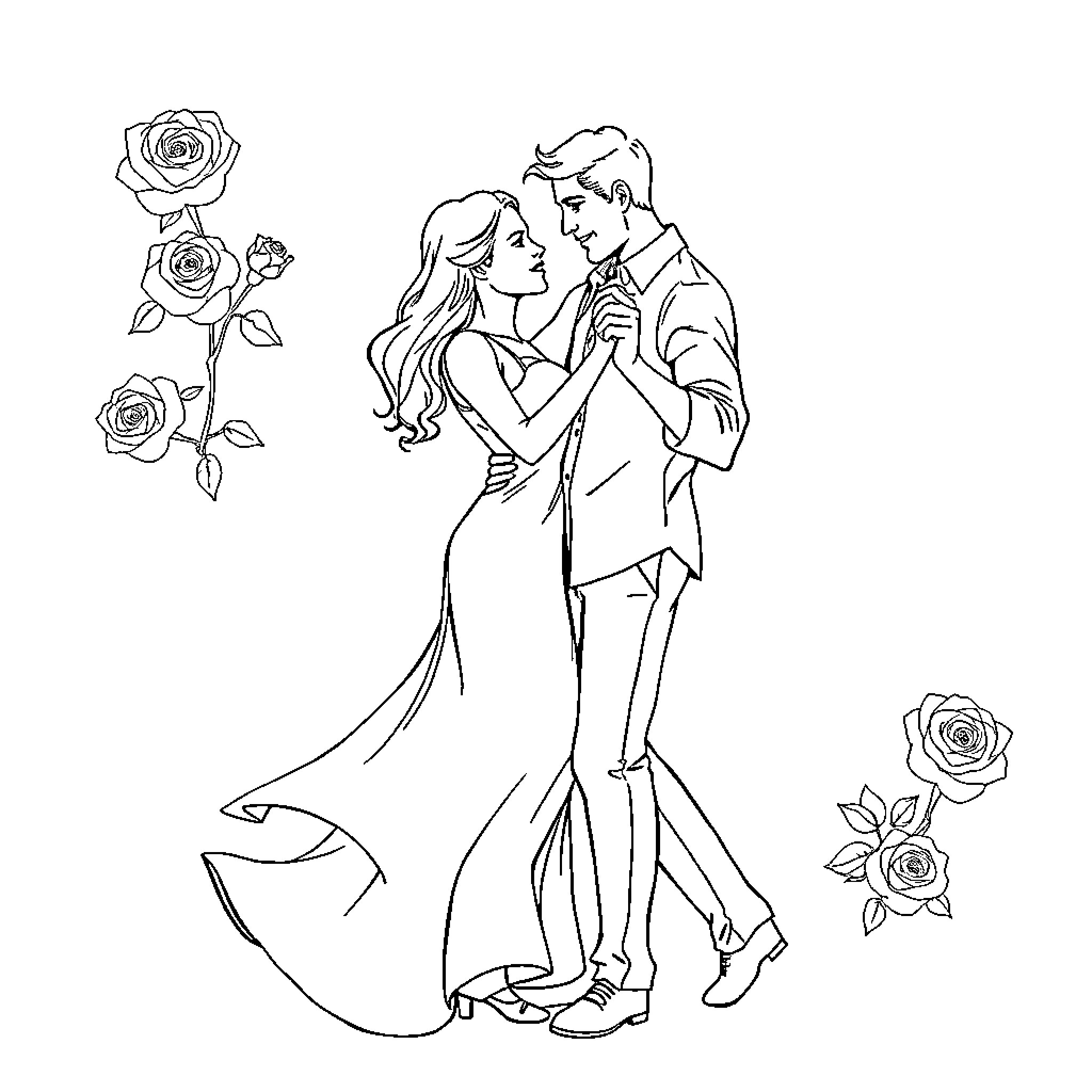 Couple dancing romantically in formal attire Coloring Page (free black-and-white line drawing printable PDF for all, from beginners to advanced learners, including children, teens, adults, and seniors)