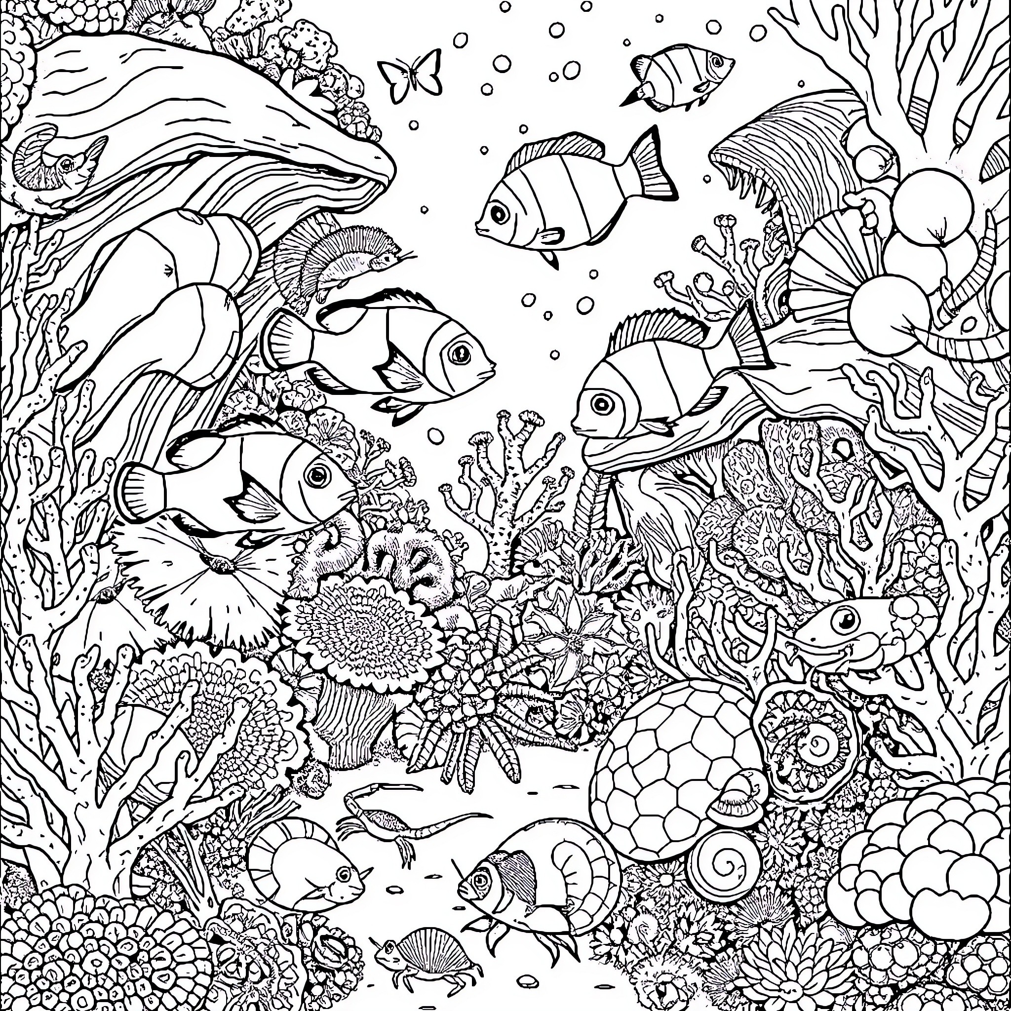 Reef Teeming with Vibrant Aquatic Life Coloring Page (free black-and-white line drawing printable PDF for all, from beginners to advanced learners, including children, teens, adults, and seniors)