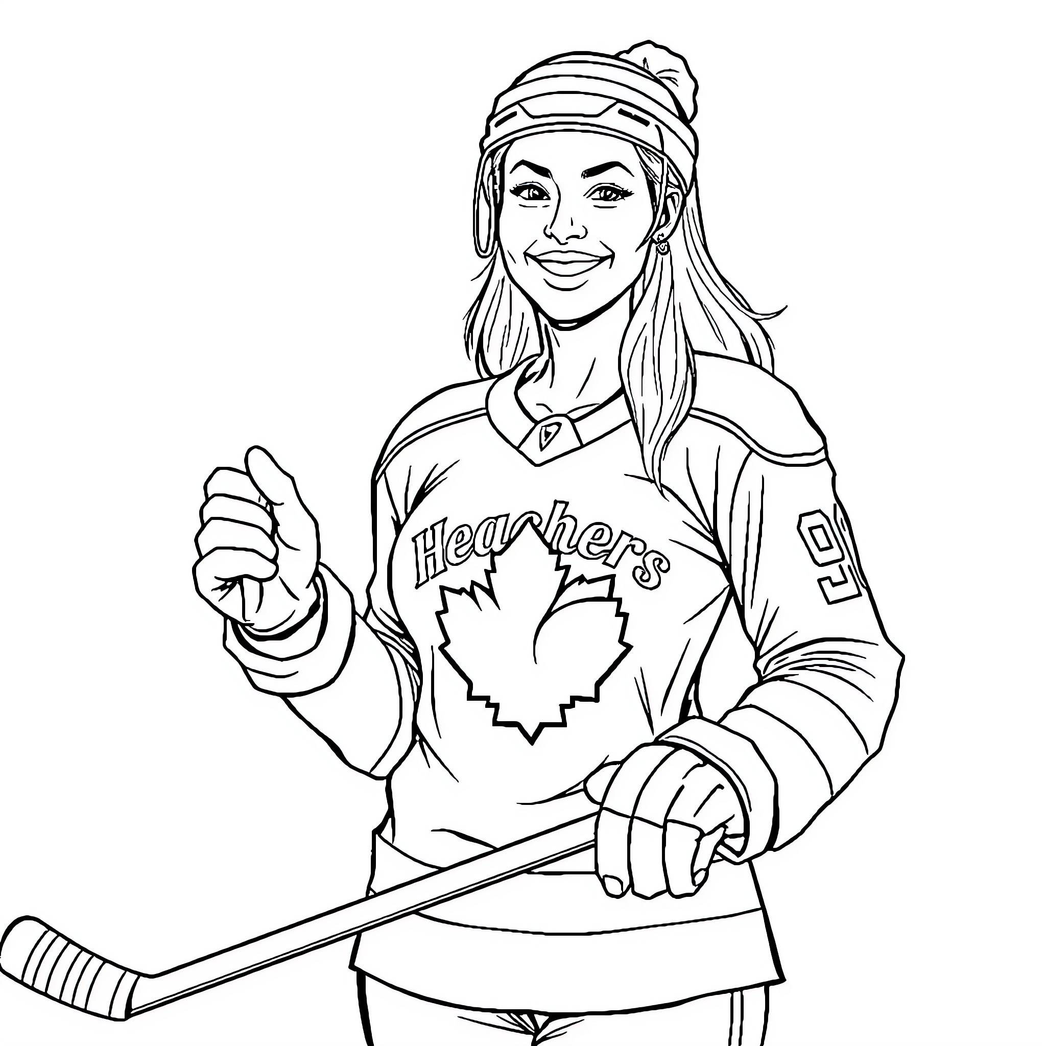 Woman hockey player with a friendly smile Coloring Page (free black-and-white line drawing printable PDF for all, from beginners to advanced learners, including children, teens, adults, and seniors)