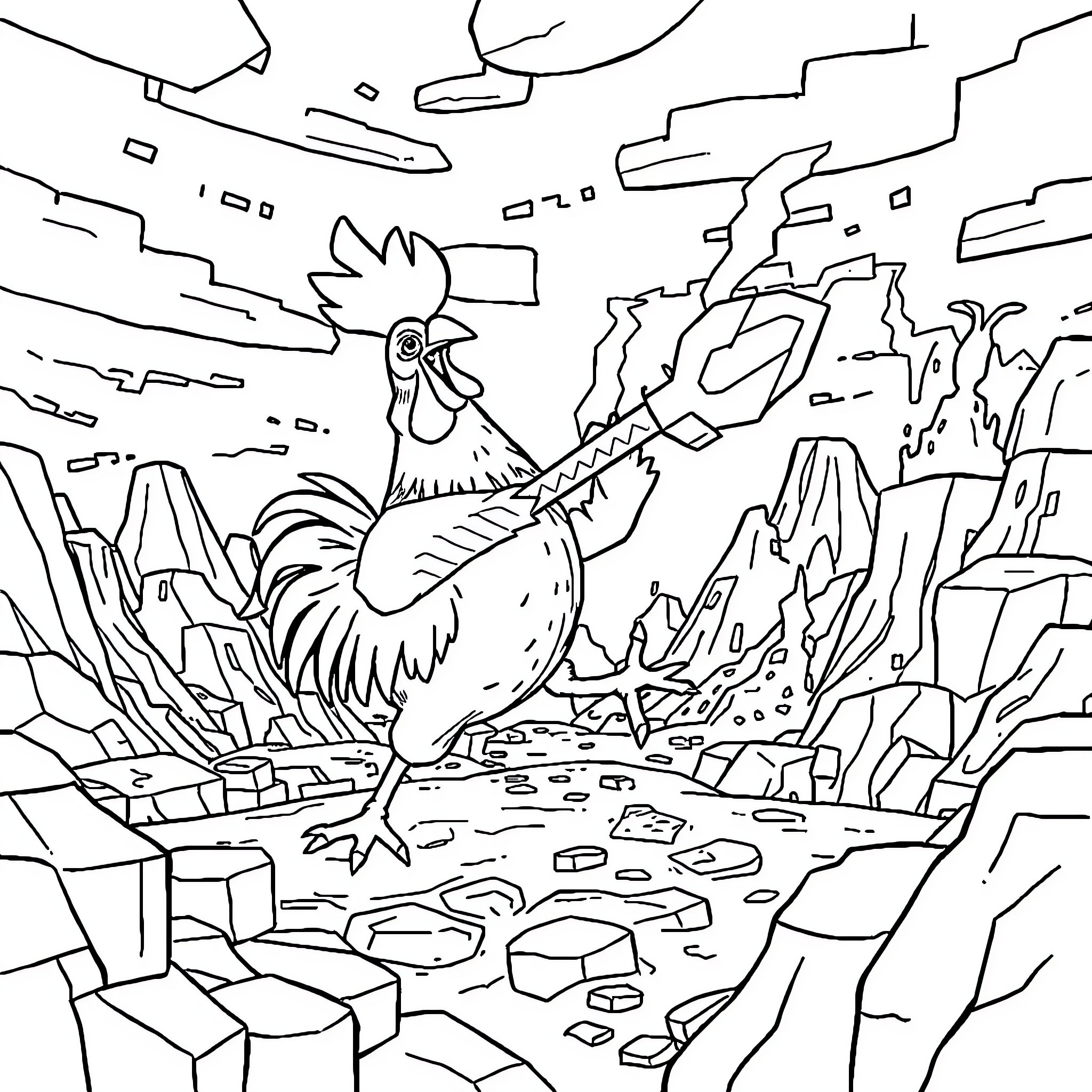 Chicken crowing majestically in a rugged landscape Coloring Page (free black-and-white line drawing printable PDF for all, from beginners to advanced learners, including children, teens, adults, and seniors)