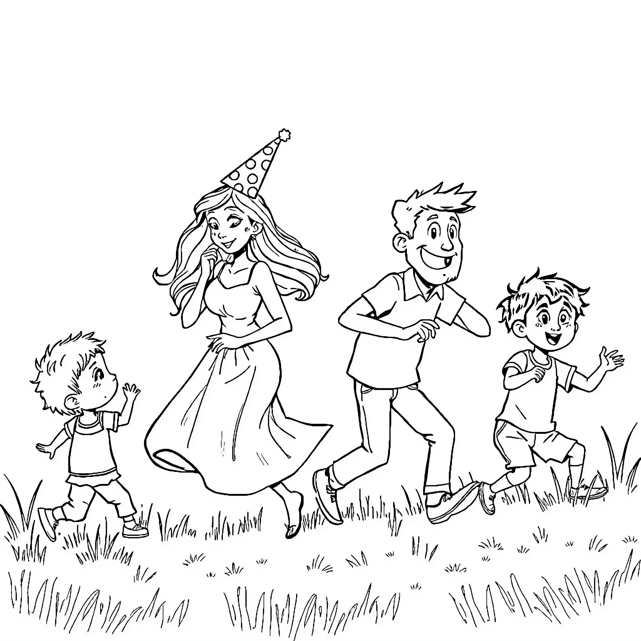 Parents Celebrating with Children in Outdoor Party Coloring Page (free black-and-white line drawing printable PDF for all, from beginners to advanced learners, including children, teens, adults, and seniors)