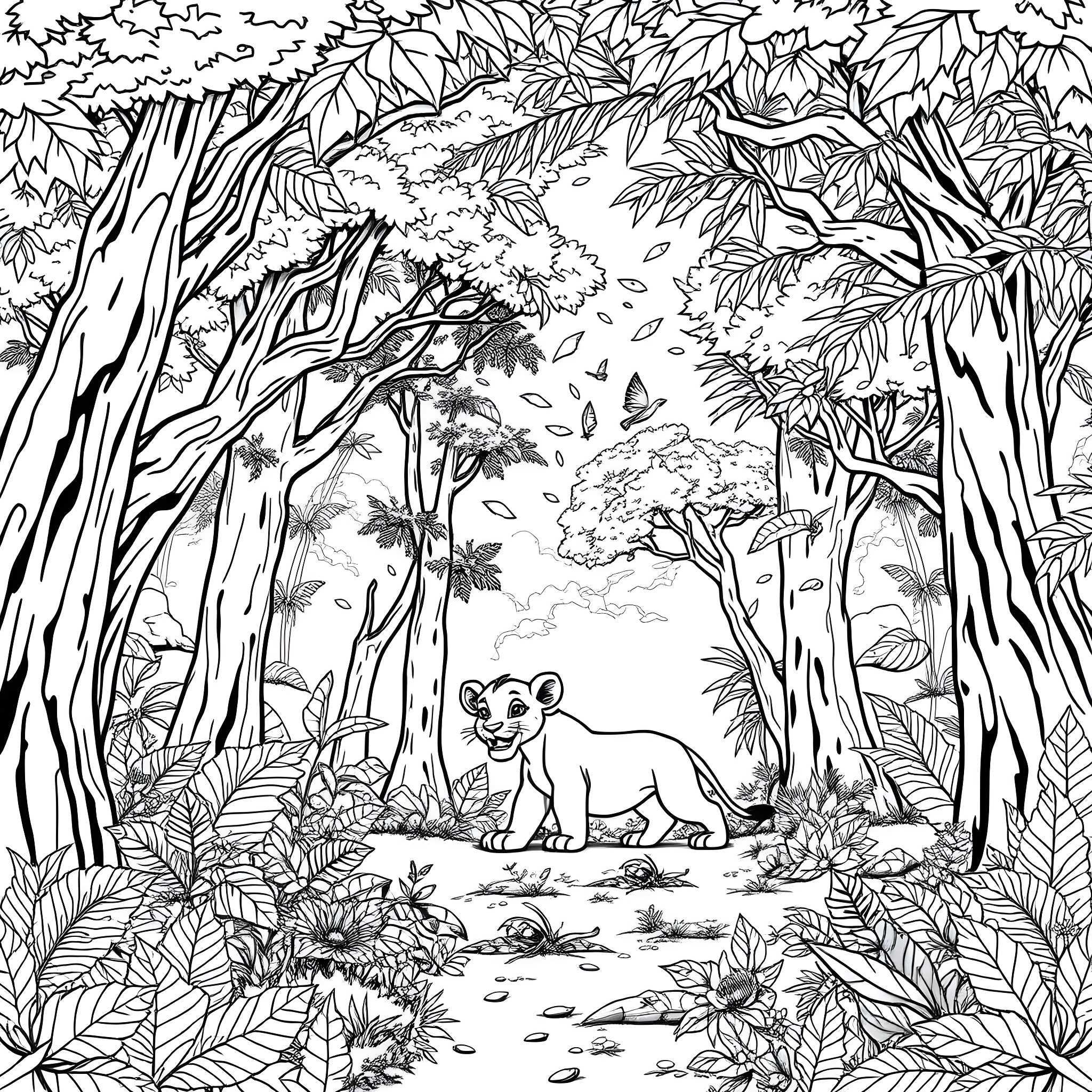 Simba exploring the lush jungle Coloring Page (free black-and-white line drawing printable PDF for all, from beginners to advanced learners, including children, teens, adults, and seniors)