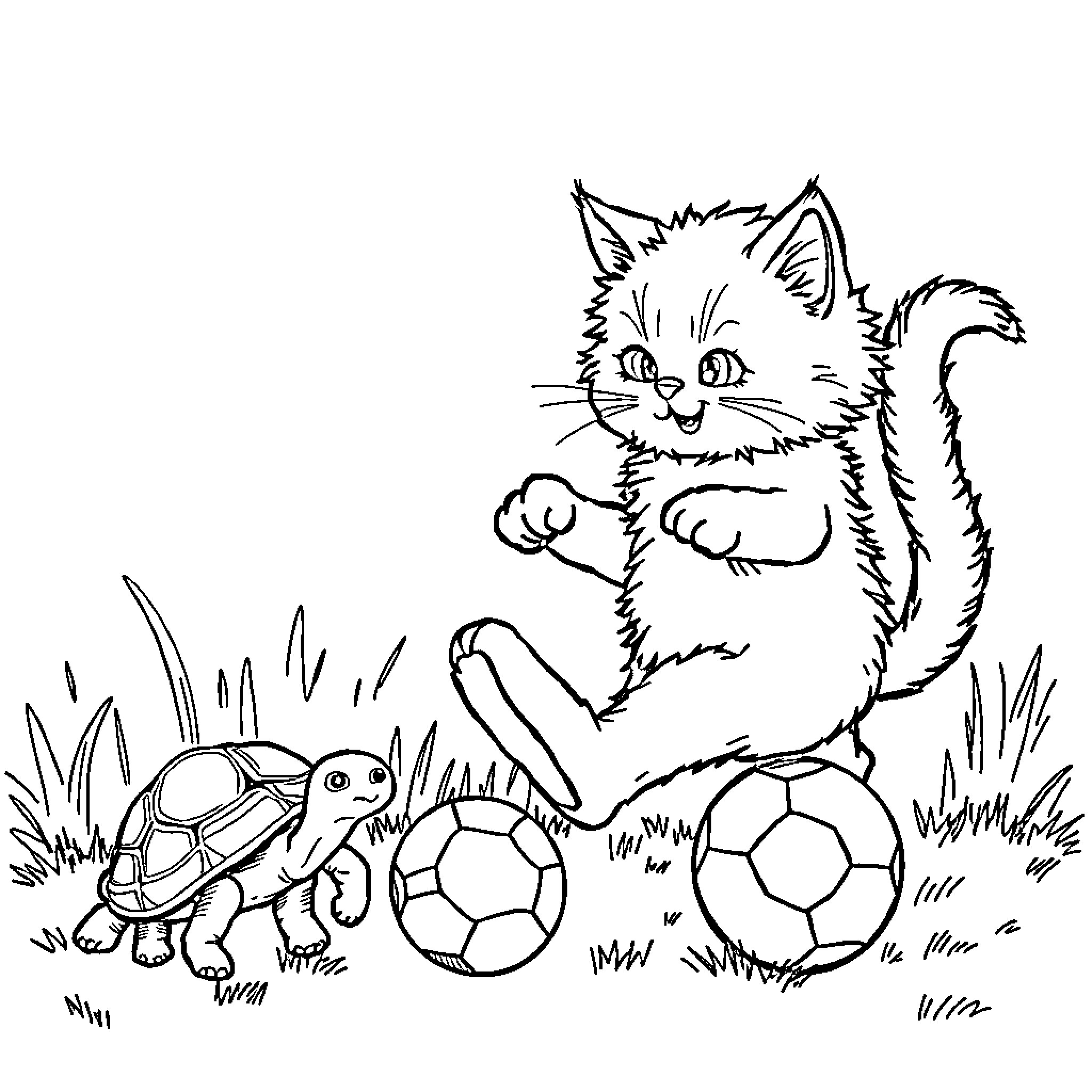 Cat playing with toys in the grass Coloring Page (free black-and-white line drawing printable PDF for all, from beginners to advanced learners, including children, teens, adults, and seniors)