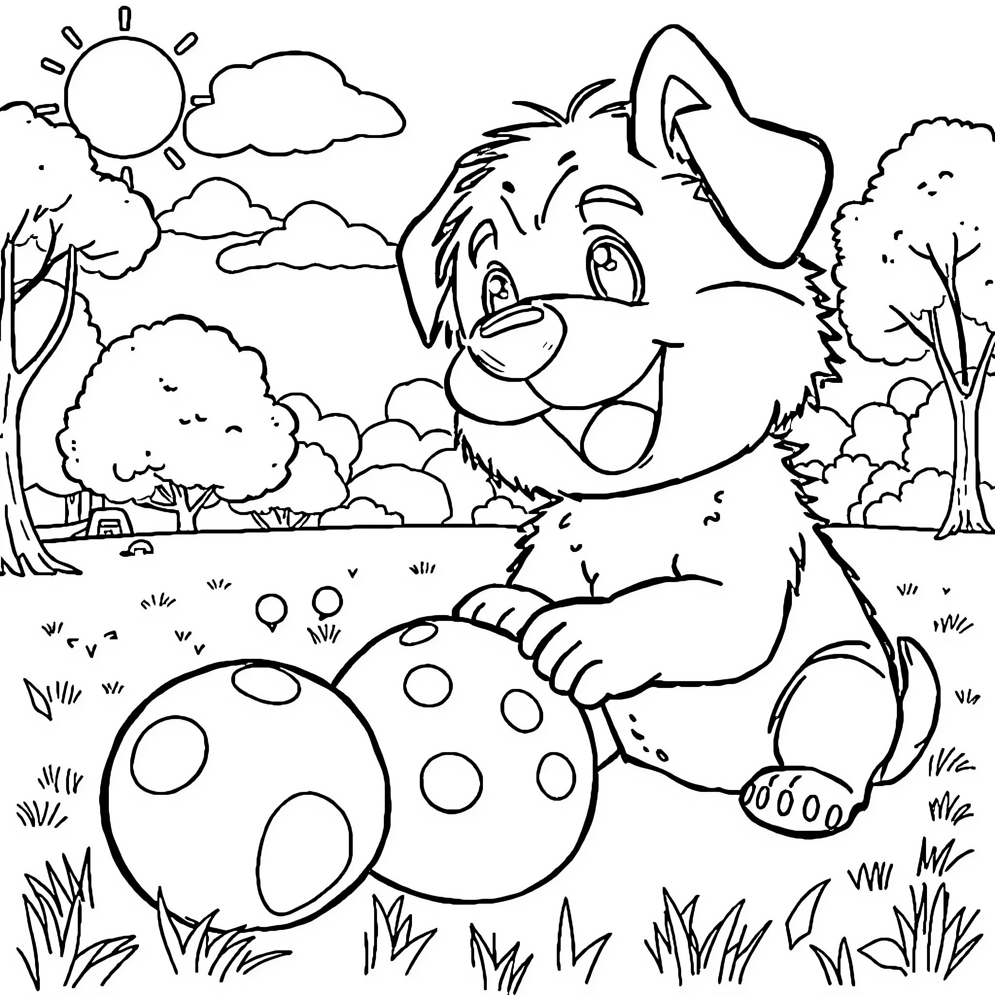 Vik the Playful Puppy in the Outdoors Coloring Page (free black-and-white line drawing printable PDF for all, from beginners to advanced learners, including children, teens, adults, and seniors)