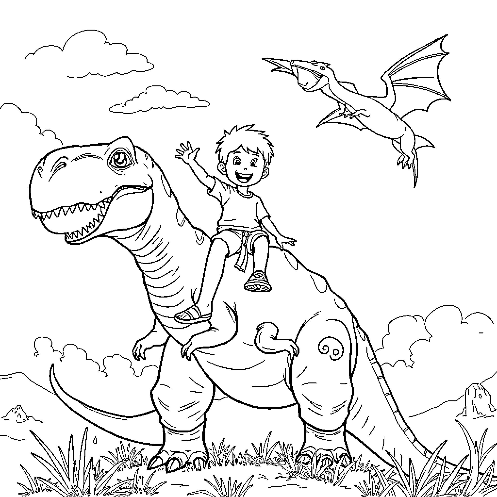 Boy riding on a dinosaur with a dragon in the sky Coloring Page (free black-and-white line drawing printable PDF for all, from beginners to advanced learners, including children, teens, adults, and seniors)