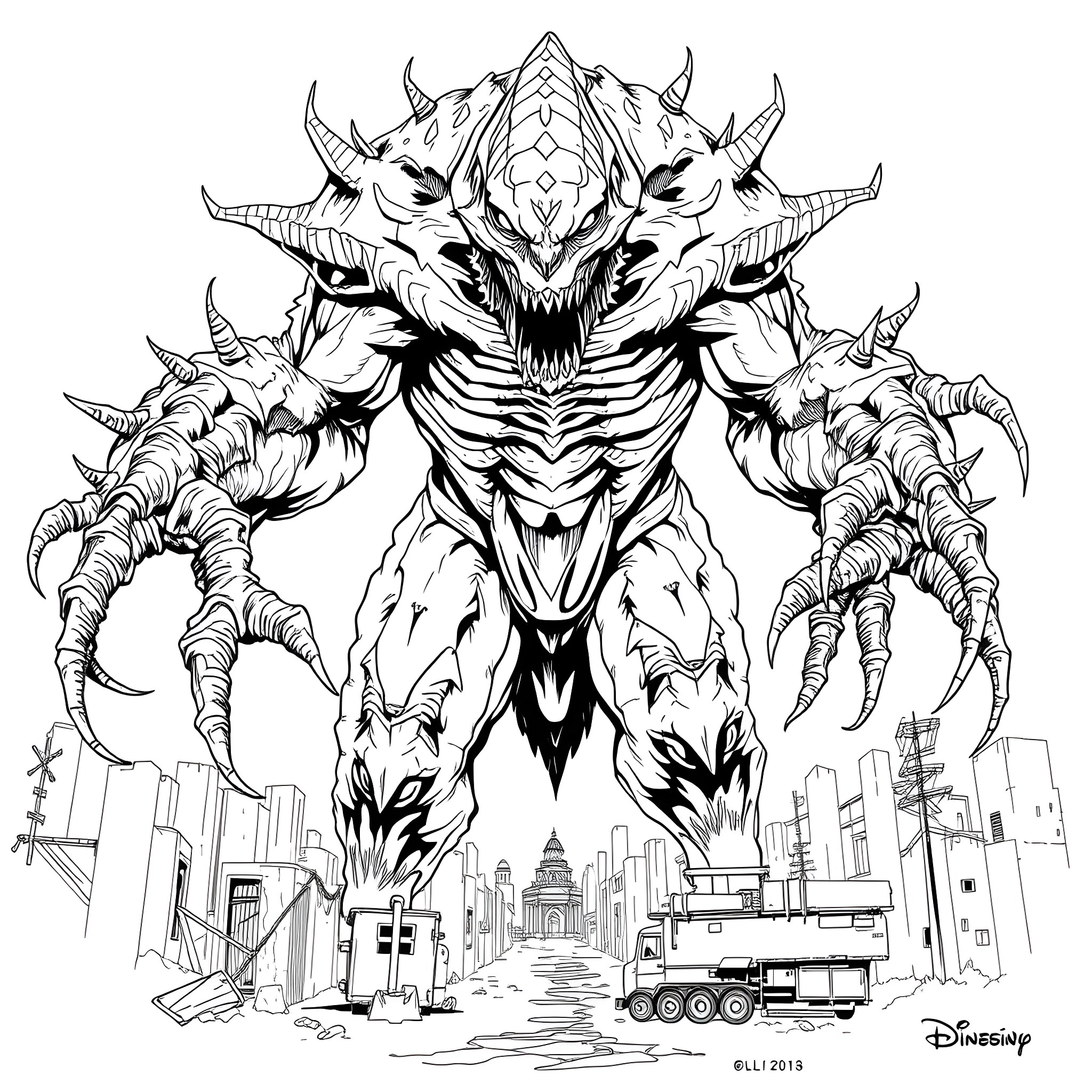 Nemesis: Monstrous Alien Invasion Devastates Cityscape Coloring Page (free black-and-white line drawing printable PDF for all, from beginners to advanced learners, including children, teens, adults, and seniors)