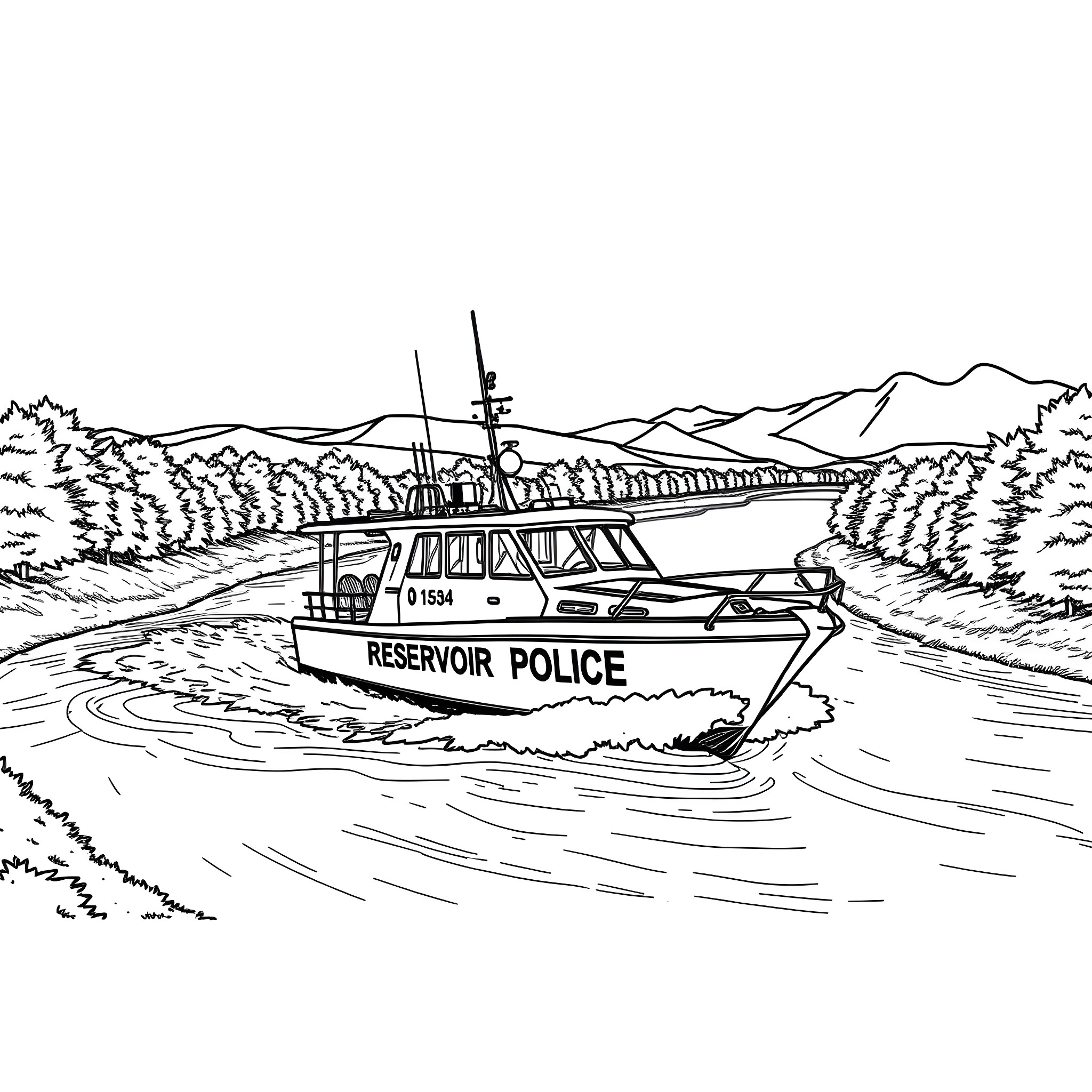Police Boat on Patrol in Reservoir Waterway Coloring Page (free black-and-white line drawing printable PDF for all, from beginners to advanced learners, including children, teens, adults, and seniors)