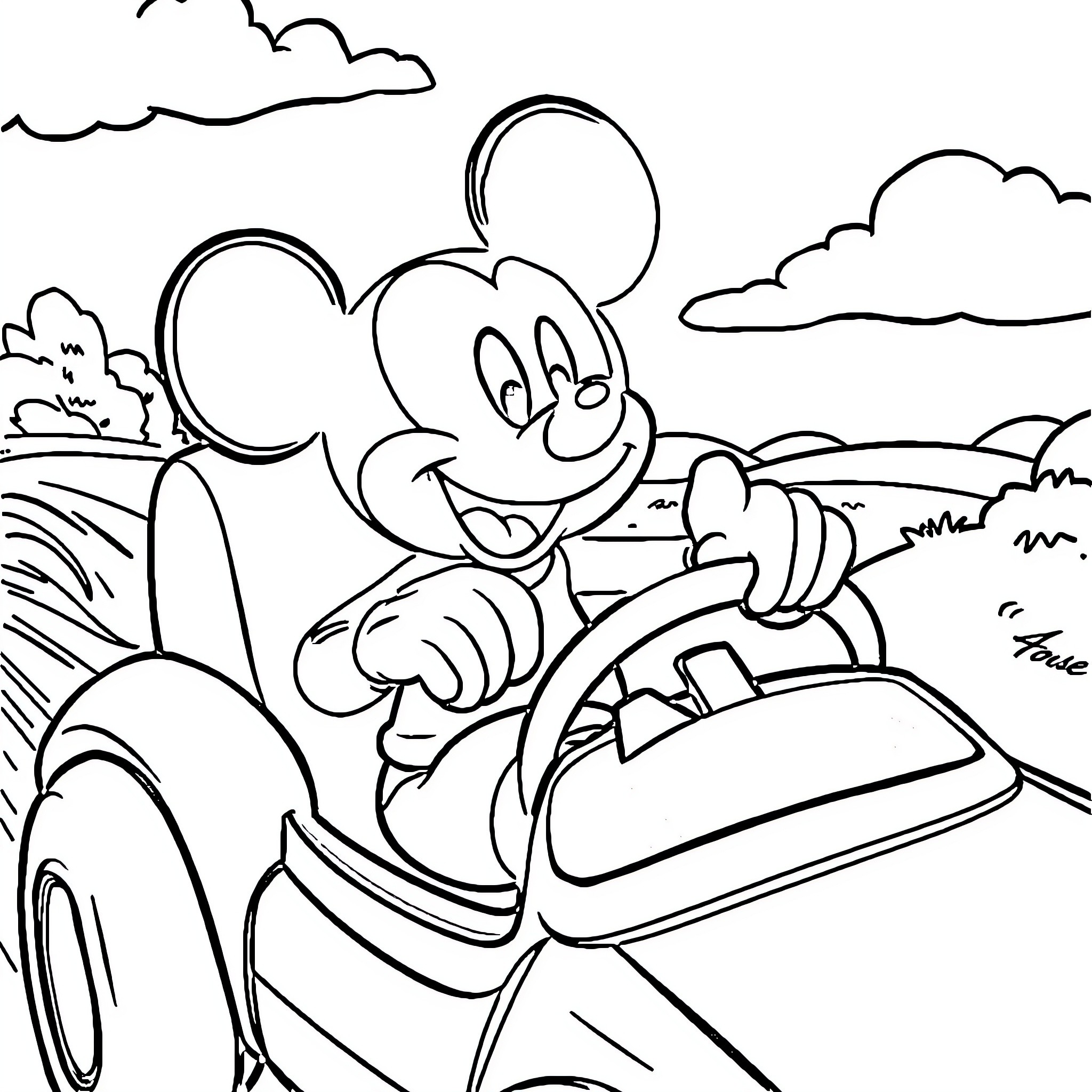 Mickey driving cheerfully in his car Coloring Page (free black-and-white line drawing printable PDF for all, from beginners to advanced learners, including children, teens, adults, and seniors)