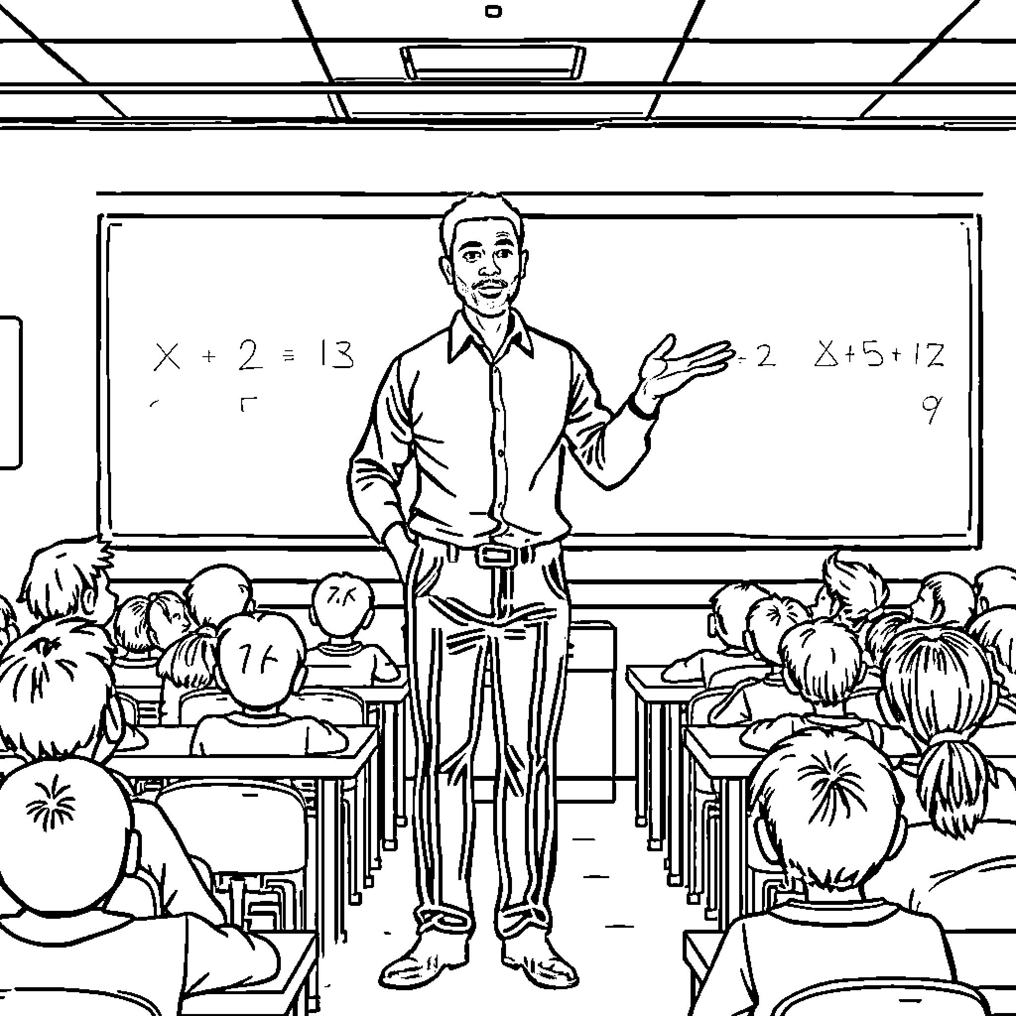Math Teacher Explaining Equations to Students in Classroom Coloring Page (free black-and-white line drawing printable PDF for all, from beginners to advanced learners, including children, teens, adults, and seniors)