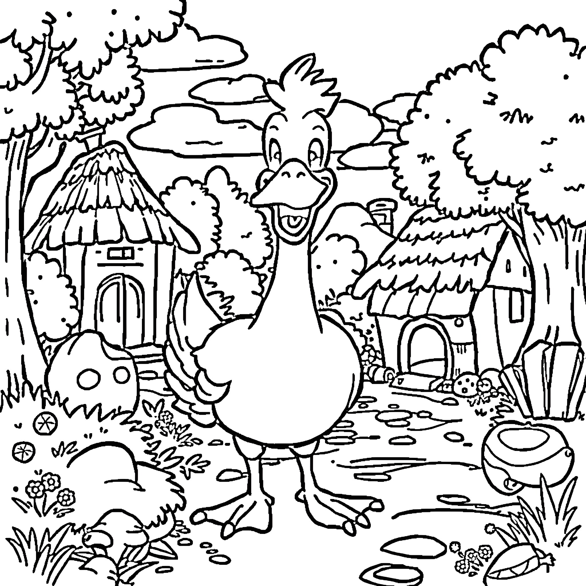 Goose wandering through a whimsical countryside scene Coloring Page (free black-and-white line drawing printable PDF for all, from beginners to advanced learners, including children, teens, adults, and seniors)